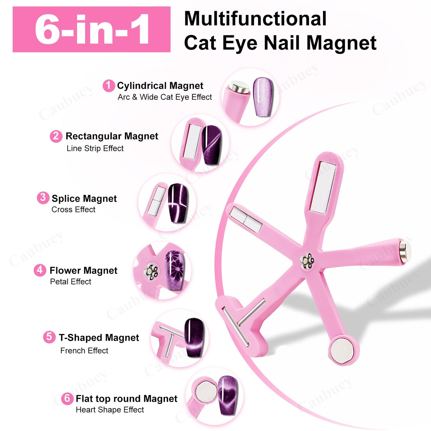 Caubuey 6 in 1 Nail Magnet, Multifunctional Cat Eye Gel Nail Polish Magnet with Silicone Protective Case, Magnetic Nail Polish Magnets, Nail Art Design Tools Home Salon DIY, Pink