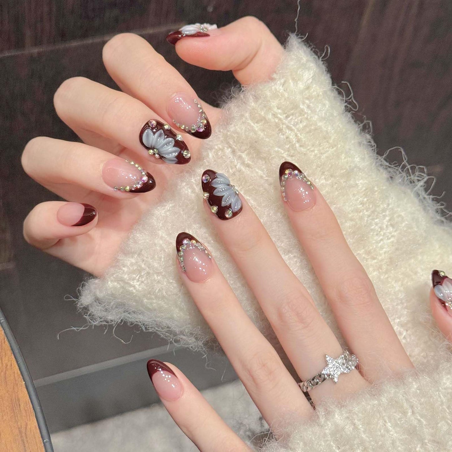 10 Pcs Short Almond Handmade Press On Nails | 3D Floral & Rhinestone French Tip False Nails | Reusable Easy Apply Salon-Quality Manicure for Women & Girls Daily & Party Wear (RR04, M)