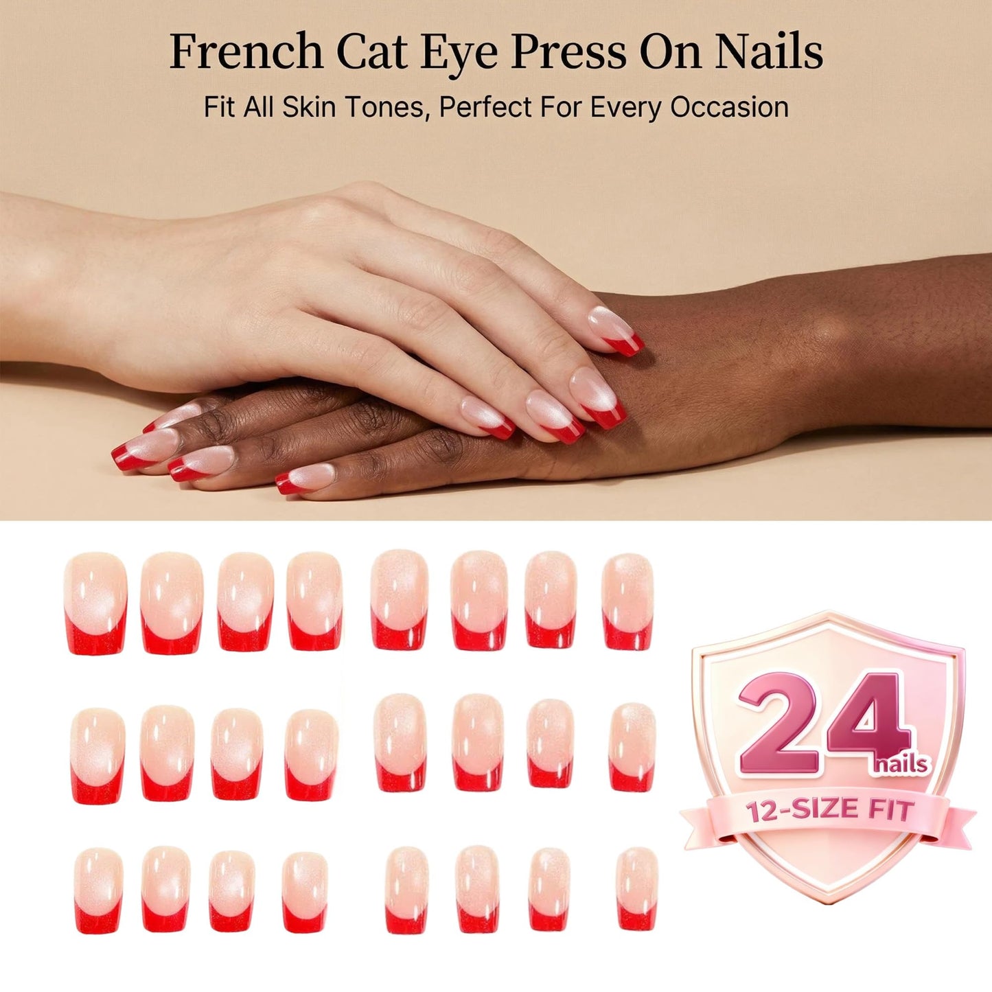 Taoyisent Red French Tip Cat Eye Press on Nails 24PCS Nude Pink Soft Gel Nails Short Square Glossy Magnetic Effect Fake Nails Reusable Full Cover Stick on Nails