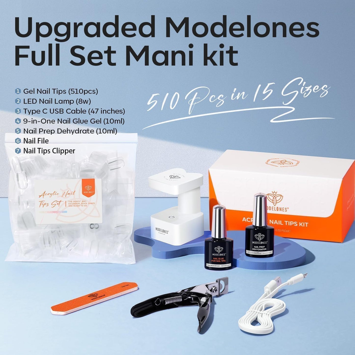 modelones X Nail Gel Kit,15Sizes Gel Nail Tips Short Square, 9-in-One Glue Prep Dehydrator & Portable Led Lamp, 510Pcs Pre-shaped Square Press On Extension Kit DIY Salon Home Gift for Women