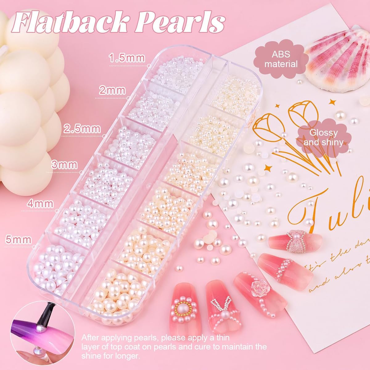 Flatback Pearl Nail Charms and Gems, Half Round 1.5-4mm Gold Silver Nail Charms, White Beige Pearls for Acrylic Nails, Resin Nail Rhinestones for Face Makeup and Crafting 2Boxes