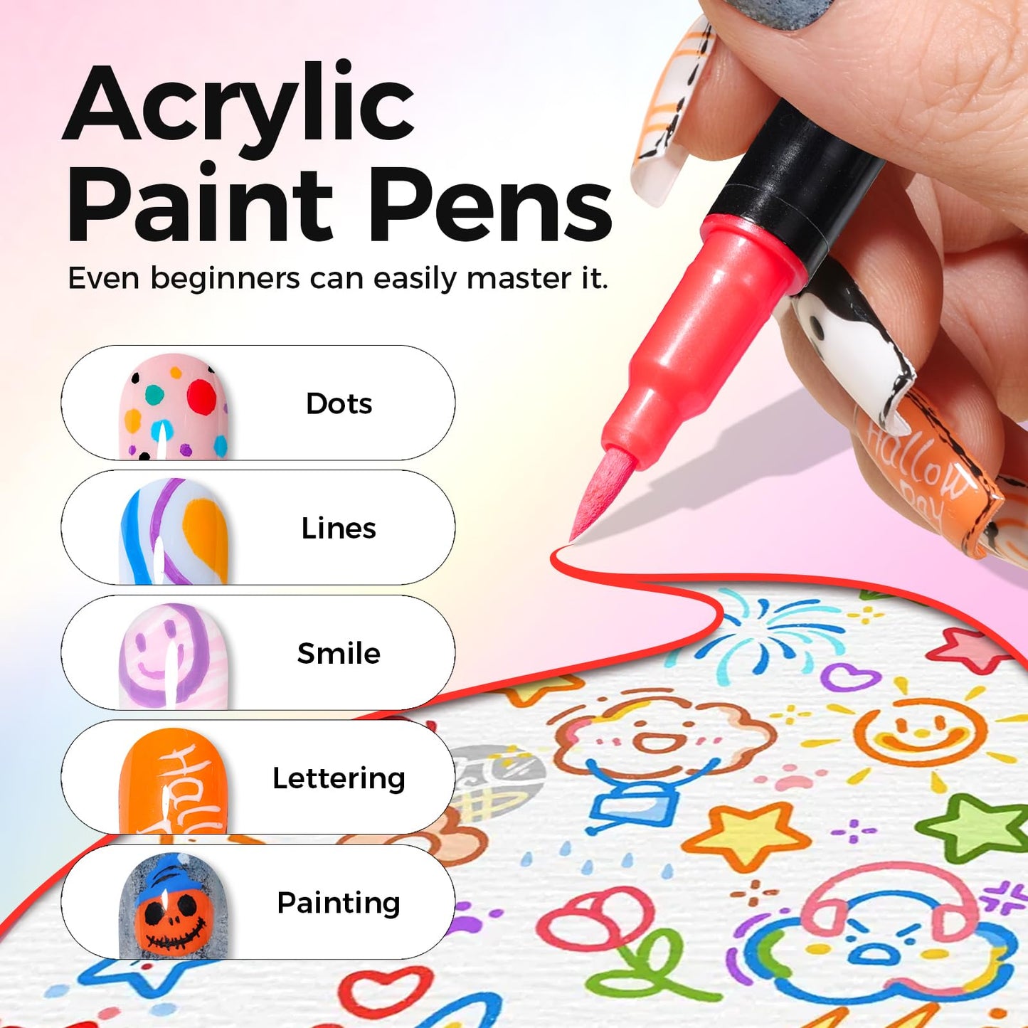 GELLAKTIK 48 Colors(24Pcs-dual) Nail Art Pens Set, 3D Nail Polish Pens Quick-Drying Acrylic Paint Markers, Dotting Liner Brush for DIY Nail Design, Home & Salon Manicure Tools, MarkerPen