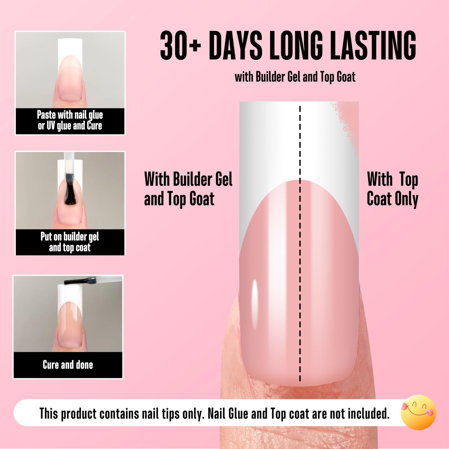 NOVO OVO Long Sharp Square White French Tip Nail Tips Press on BABY PINK, Extra Thick NEED Builder Gel & Top Coat & Glue, Soft Gel full Cover False Fake Nail Extension for Salon DIY x 15 Sizes 180 pc
