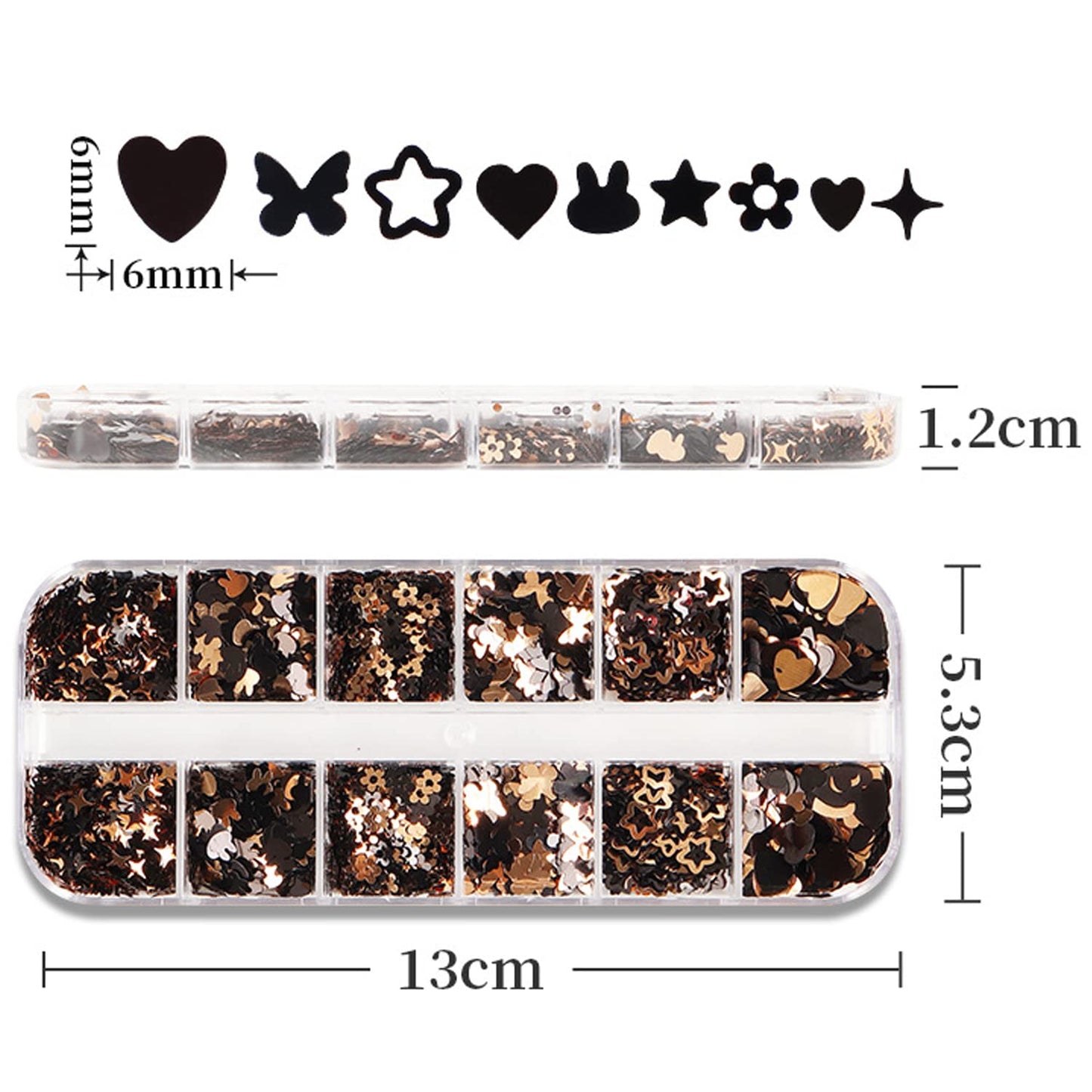 Nail Art Glitter Sequins, Gold and Black 3D Glitter Nail Flakes Designs, Heart Butterfly Stars Flowers Rabbit Sparkly Nails Supplies for Women Girls Manicure Charms Decorations, Shiny Resin Nail Art