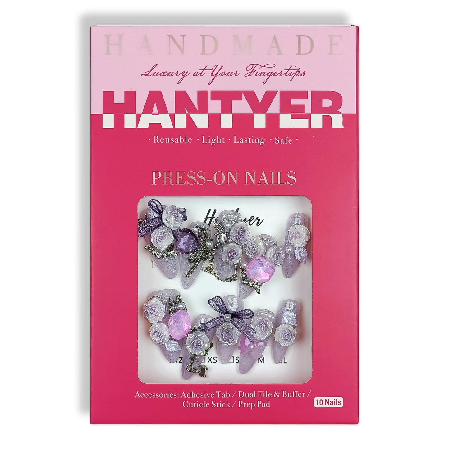 Hantyer Glamorous Press on Nails Long Almond Stiletto,Purple Cat Eye Gradient False Nails with 3D Roses, Camellias Butterflies Chains Rhinestones, Luxe Glitter Fake Nails for Women 10Pcs Tools Kit(S)