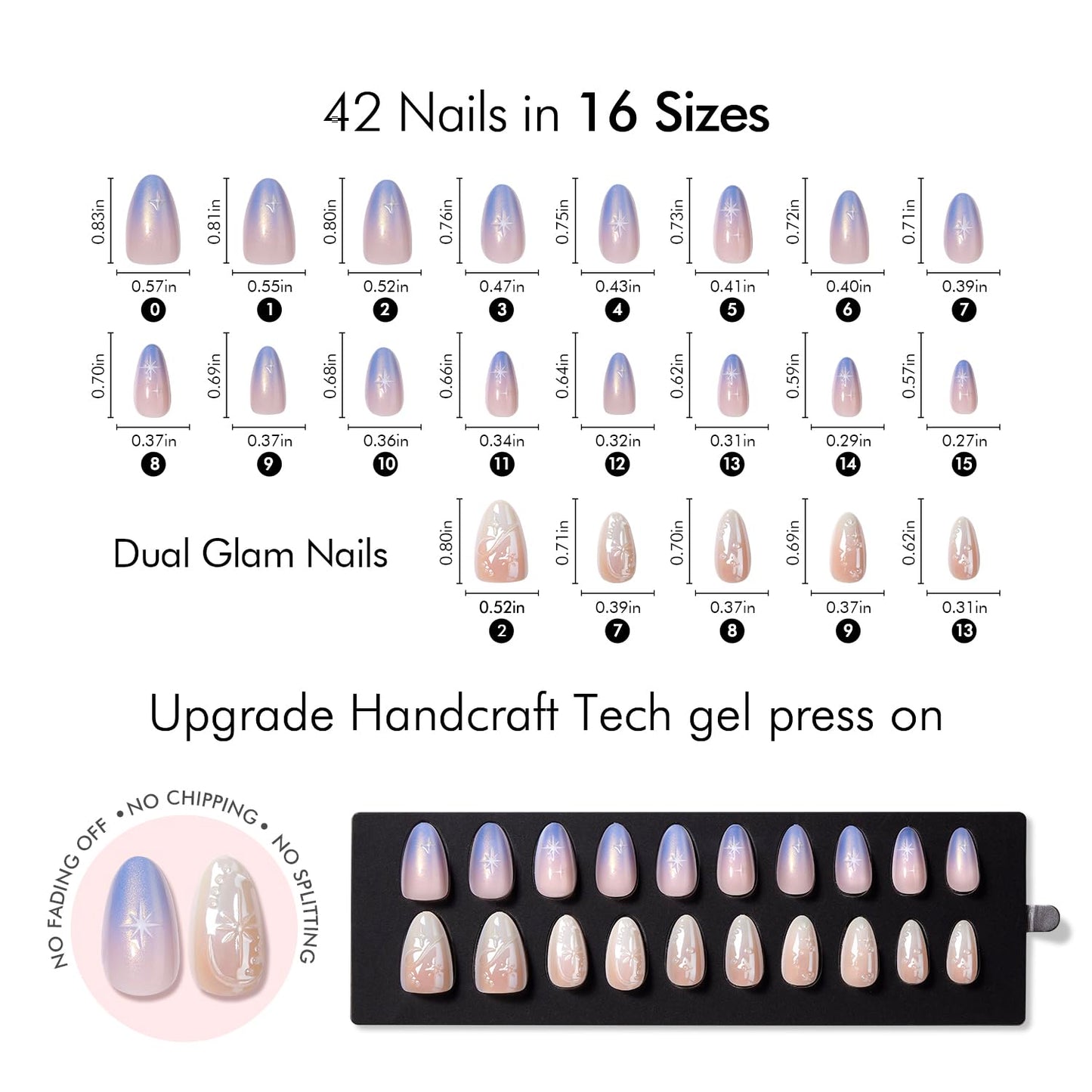 VSALON Press-On Nails Short Almond, 42 PCS Chrome Ombre 3D Star Fake Nails, 32 Main Nails in 16 Sizes & 10 Alternative Nails, Gel Reusable Glue On Nail Set with Full Tool Kit
