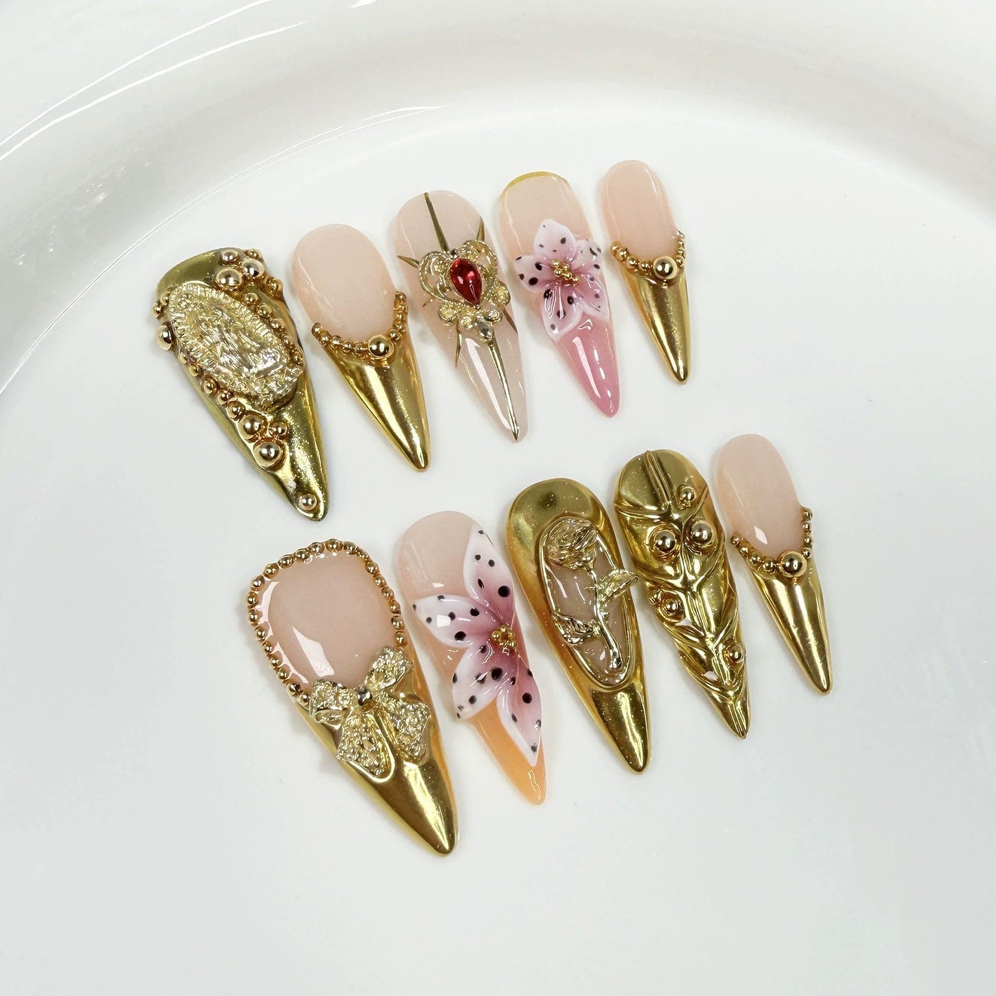 Threelegscat Handmade Press on Nails Long Almond Shape Fake Nails Stiletto Nail With Design for Women and Girls 10pcs Size M Pattern St1158