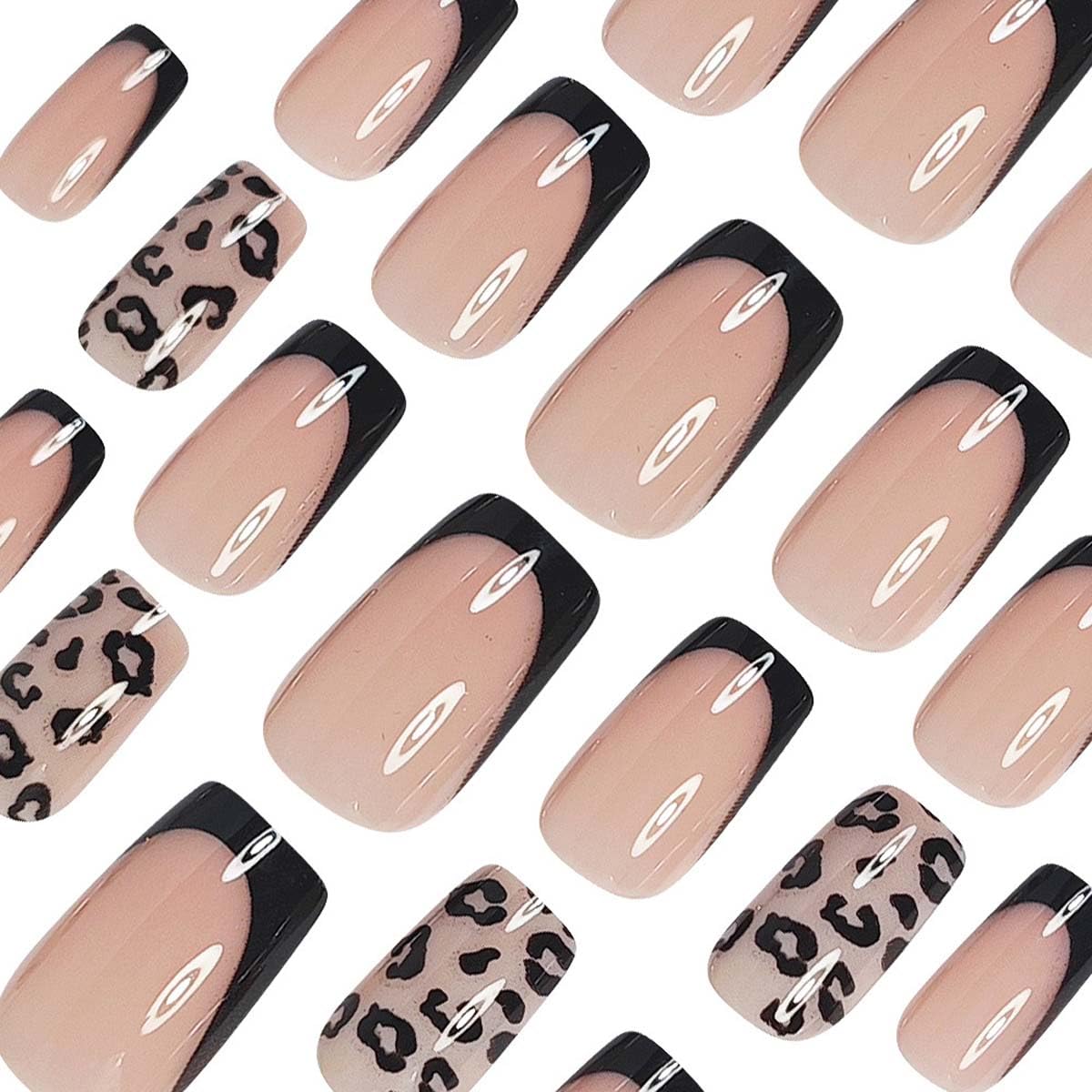 LINMEIZAI Leopard Press on Nails Short Square, Black French Tip Fake Nails Glue on Nails Fake Nails Press ons Cute Glossy Acrylic Nail Kit for Women Girls, False Nails Manicure 24 Pcs