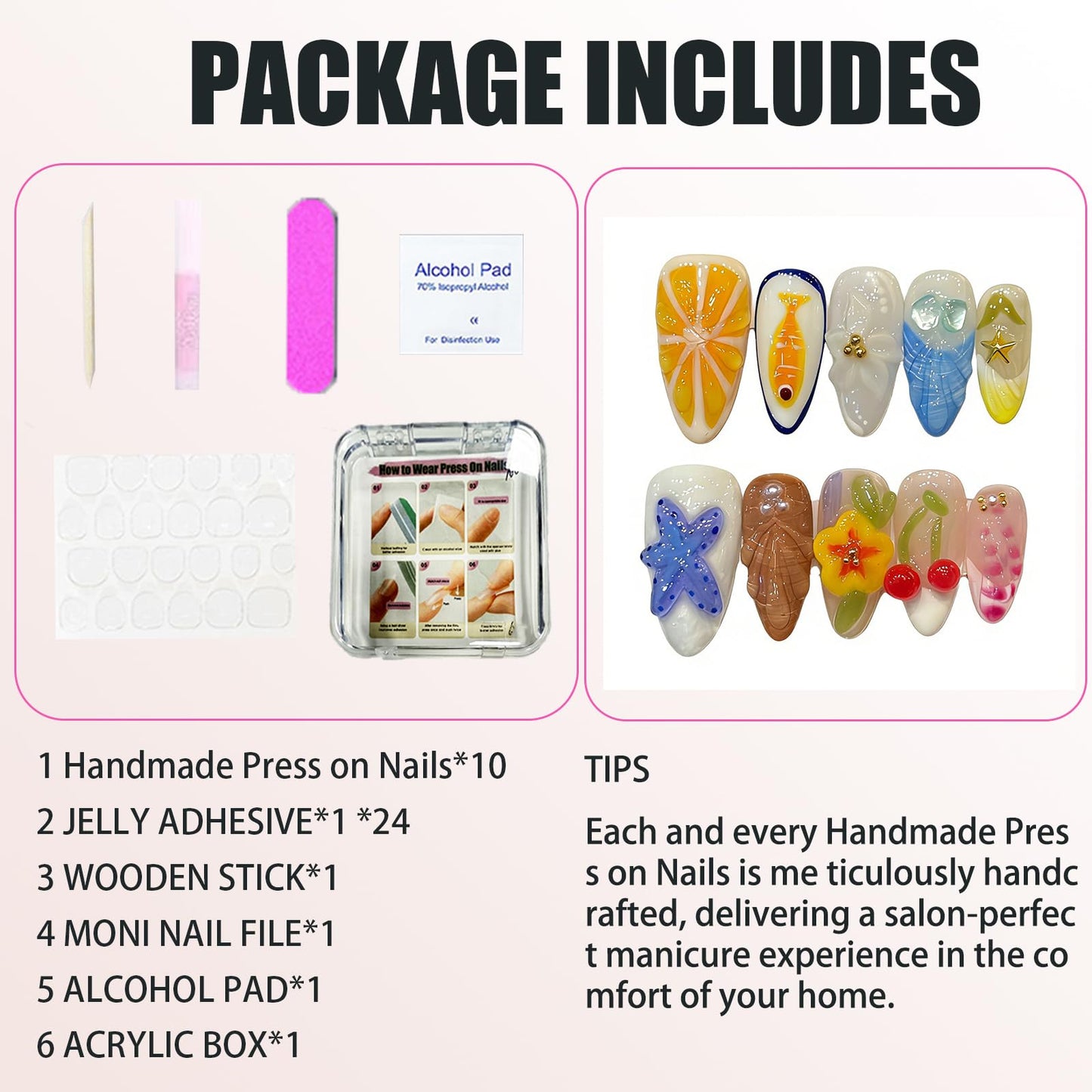 Handmade Press On Nails-3D Almond Carved Cherry Summer Seashell Starfish Island Resort Style,Wedding Prom And Festival Traving Gift,Thick Acrylic and Muti-Layer Gel Reusable False Nails (L)