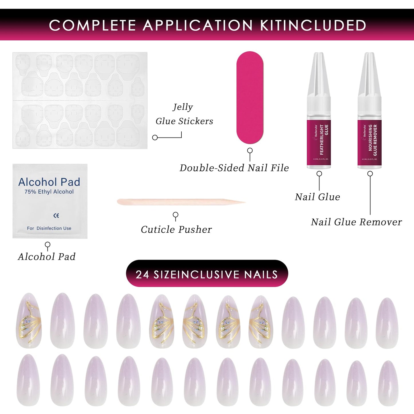 Belleruta Press On Nails Kit, Lavender Purple Butterfly, Short Almond Fake Nail Tips, 24 PCS Nails Press Ons with Glue and Gel