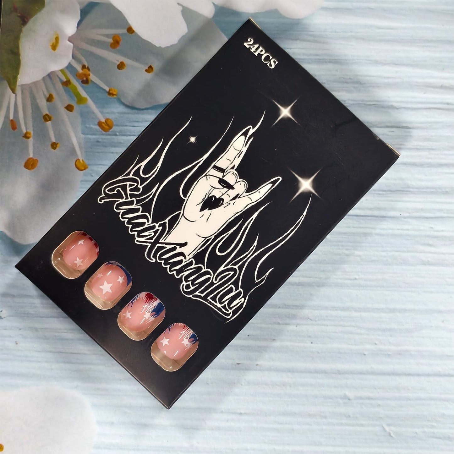 Nude Pink Independence Day Press on Nails Short Square French False Nail Red Blue White Lines with Stars Fake Nails Reusable 4th of July Press Ons Artificial Fingernails for Women Festival Manicure