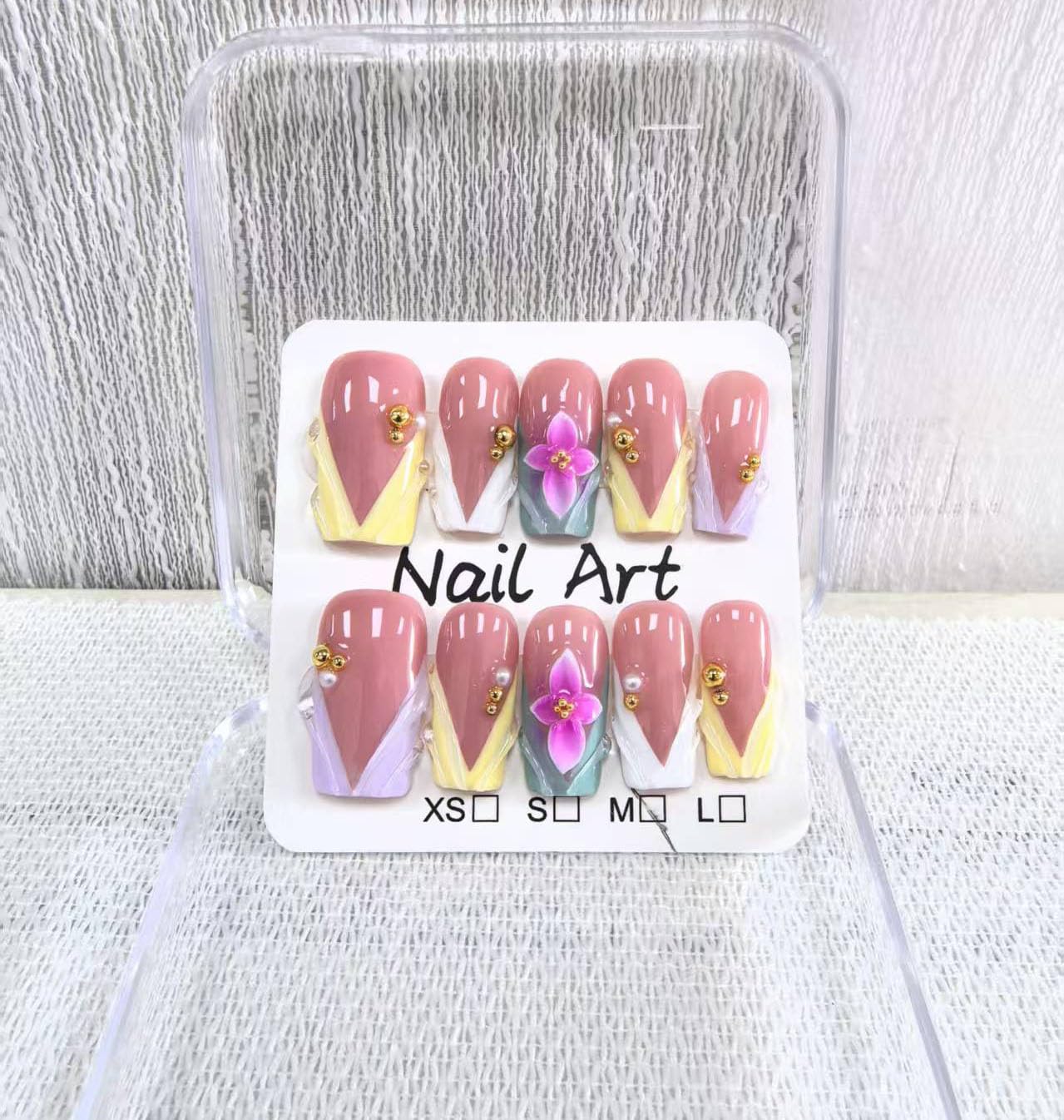Medium Square Press on Nails Handmade Fake Nails Pink French Tip with 3D Flower Designs Pearl Charm luxury Glossy Cute Acrylic Nails for Women 10pcs (Size M）