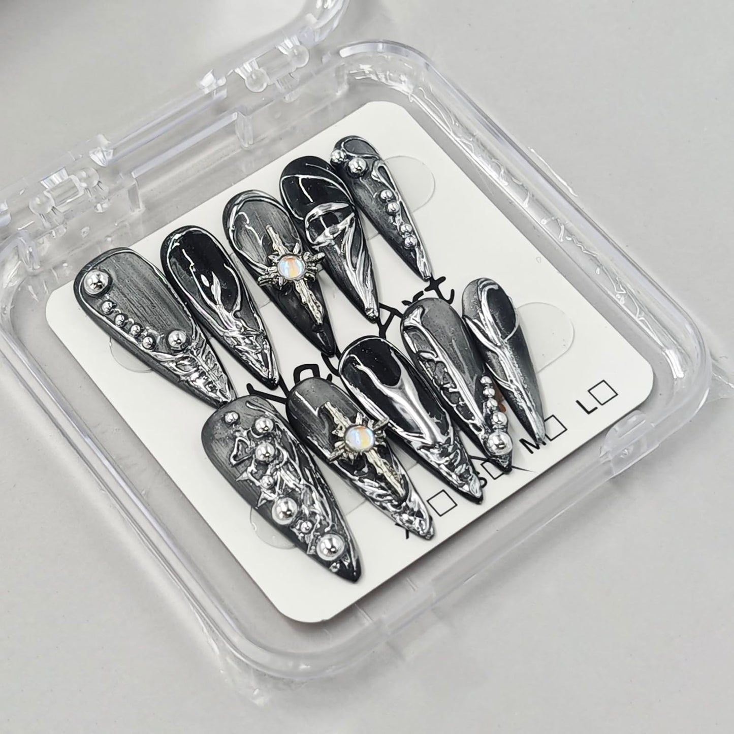 10Pcs Sliver Handmade Press on Nails Long Stiletto Fake Nails Halloween False Nails Muti-Layer Gel Acrylic Nails Press ons Handmade Stiletto Nail Full Cover Holiday Stick on Nail for Women (S)