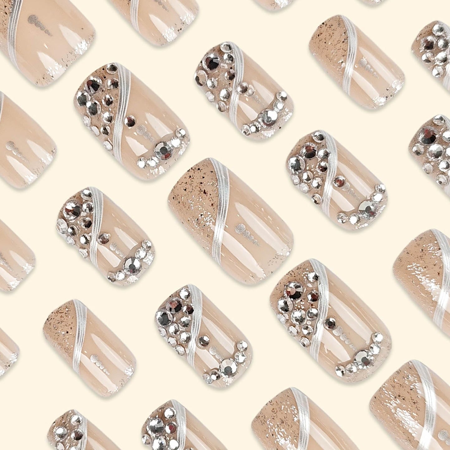Press on Nails Medium Square Fake Nails Glitter French Acrylic False Nails with Designs Rhinestones Nails Press ons Full Cover Artificial Glue on Nail Natural Stick on Nail for Women 24Pcs