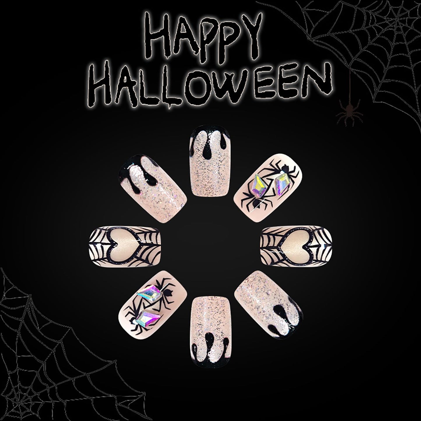 Halloween Press on Nails Medium Square Glitter Powder Heart Spider Web False Nail Acrylic Artificial Fingernails Spider with Rhinestones Design Full Cover Festival Stick on Nails for Women Supplies