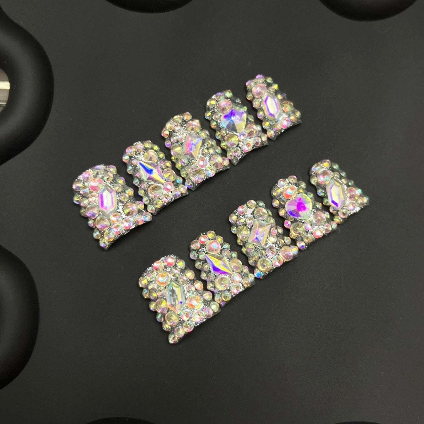 Handmade 3D Iridescent Full Rhinestone Square Press On Nails, Luxury Rhinestone Stage Style Artisan Nails Set, Reusable Glossy Press-ons with Tool Kit(S)