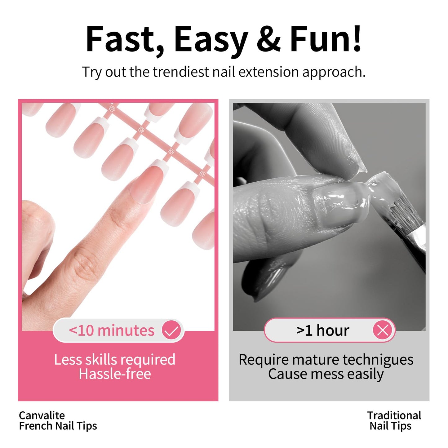 CANVALITE Soft Gel French Tip Nails, 192 Pcs Short Press on Nails for Women, Flexible Pre-Painted Nude French Tip Gel Nails, No File Need DIY Manicure Gifts for Women, Glue Not Included