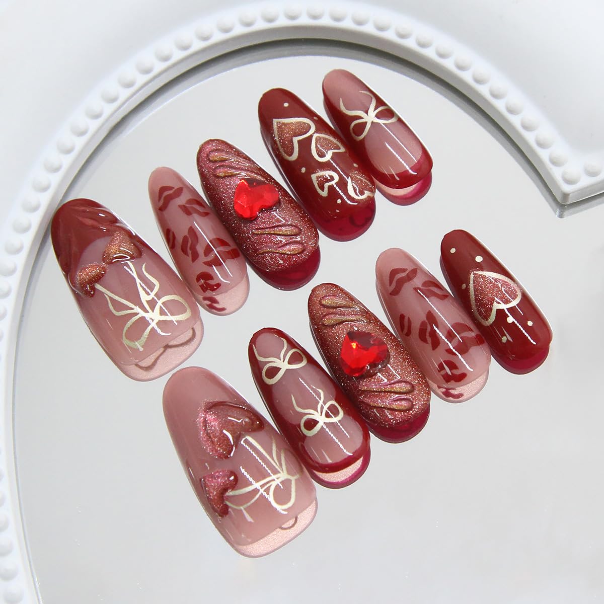 30Pcs Red Heart Press on Nails Medium Almond Fake Nails Gold Bow with Pearl Design Red Lips False Nails Romantic Artificial Nails Full Cover Glue on Nails Handmade Stick on Nails for Women DIY Kit