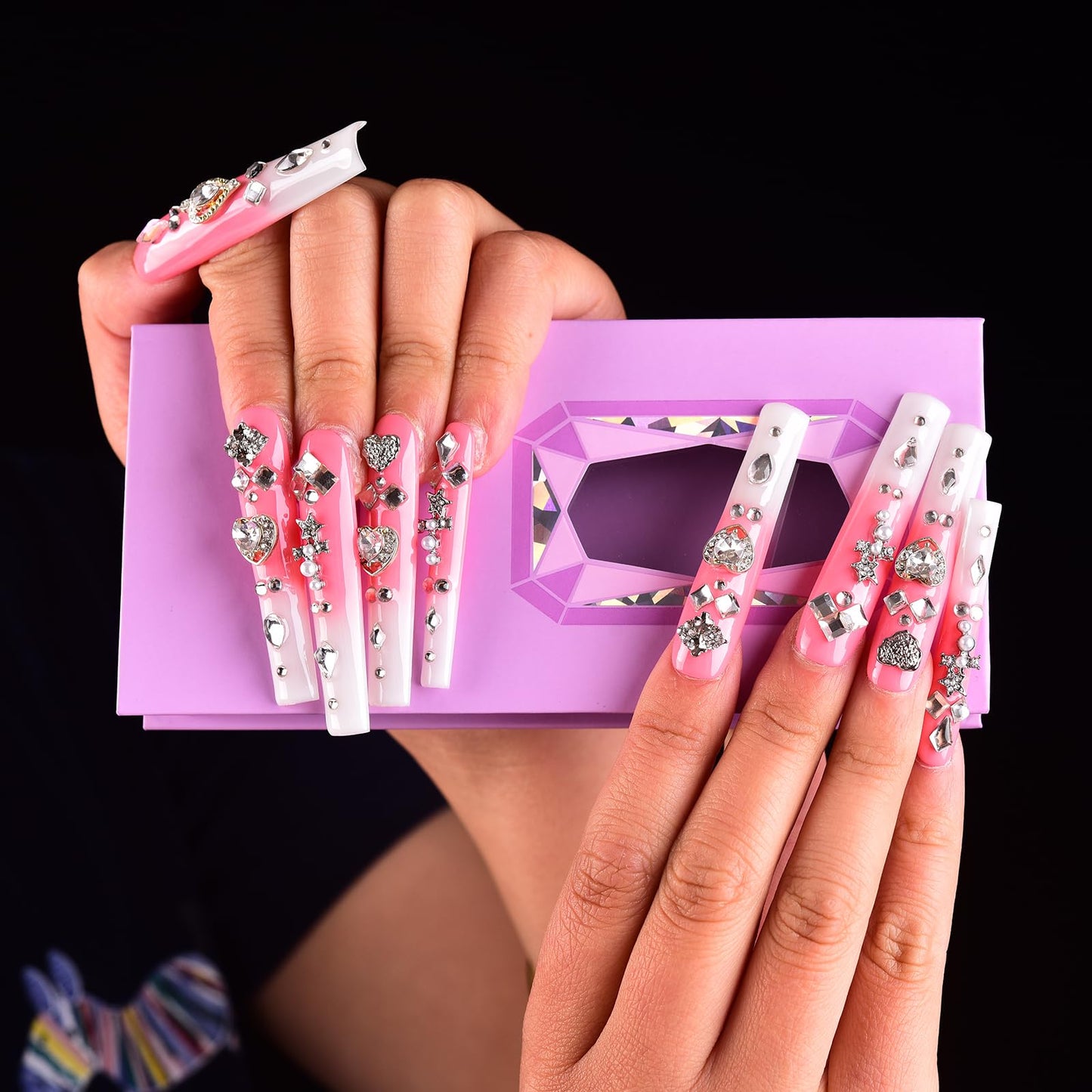 Tmani 10pc/set Extra Long Handmade Press On Nail Hot Girl's Long Ballet Nails Square Nail Full of Diamond Glitter Decoration Fake Nails Suitable For Girls Festival Parties and Birthday Gift (134,L)