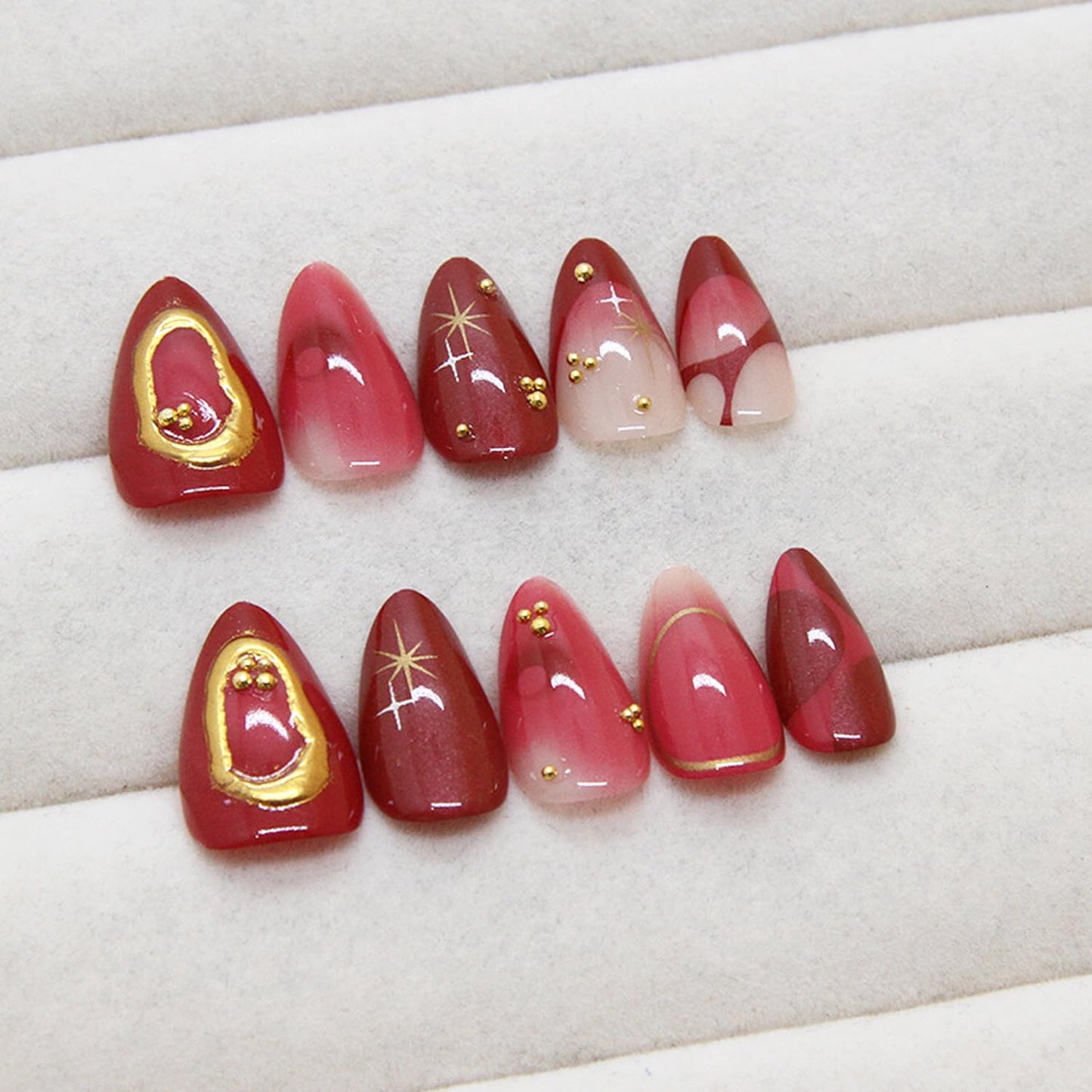 30pcs Deep Red Press on Nails Medium Almond French Fake Nails Stick on Nails Full Cover Artificial Glue on Nails Beautiful Fake nails Kit,Wine Red Nude Color Nail Art, Suitable for Women DIY Manicure