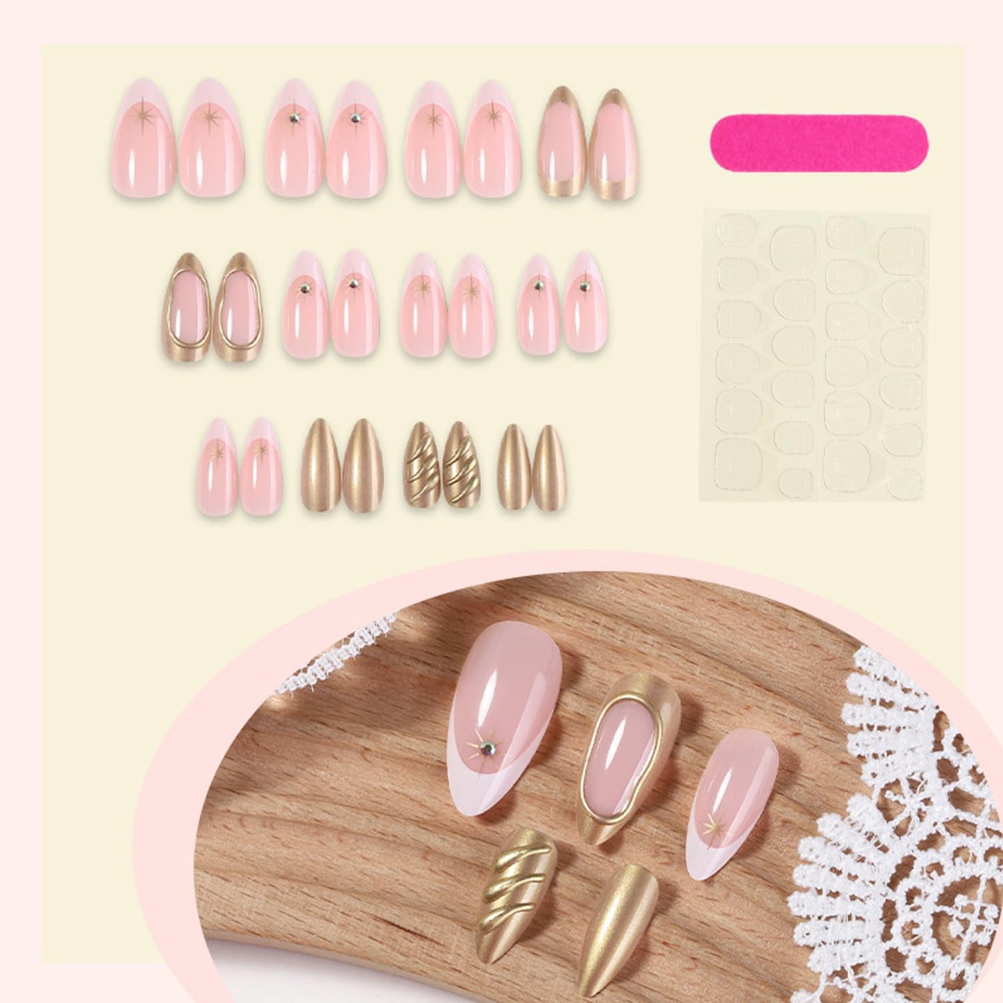 24Pcs Chrome Gold Press on Nails White French Medium Almond Fake Nails with 3D Rhinestone Design Gold Star False Nails Gilded Line Acrylic Nail Nude Glossy Full Cover Artificial Glue on Nail for Women