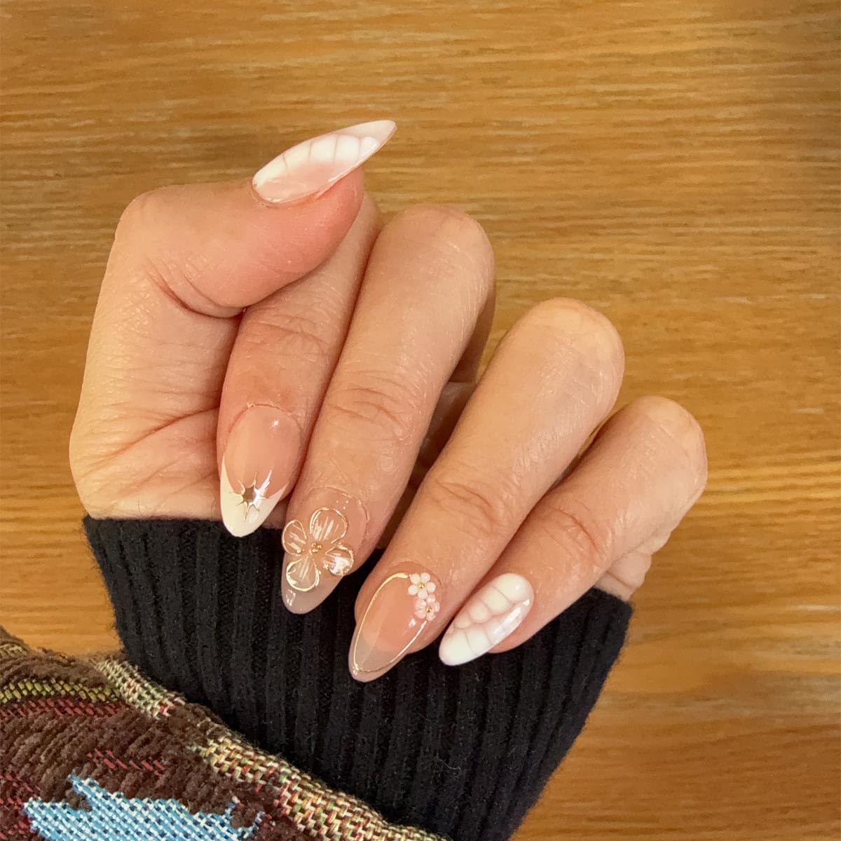10 Short Almond Handmade Press On Nails | Blush Pink & White Snake Print Design with 3D Floral & Gold Accents | Salon-Quality Manicure, Easy Apply/Remove, Reusable & Long-Lasting (251216, XS)