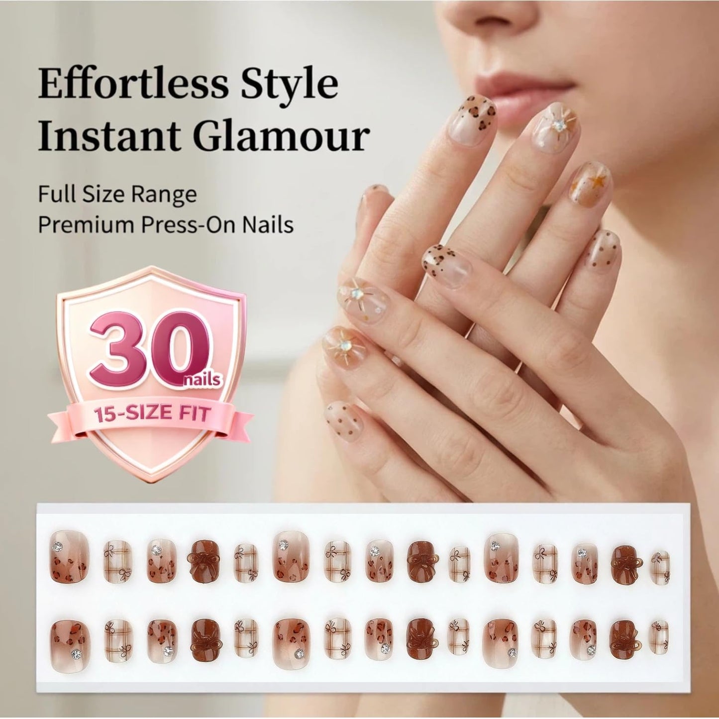 Brown Bow Press On Nails, Nude Plaid False Nails with 3D Bow Accent, Short Square Glue On Nails for Women, Elegant Cute Design for Daily Wear & Special Occasions,30PCS Set (The sizing runs small)