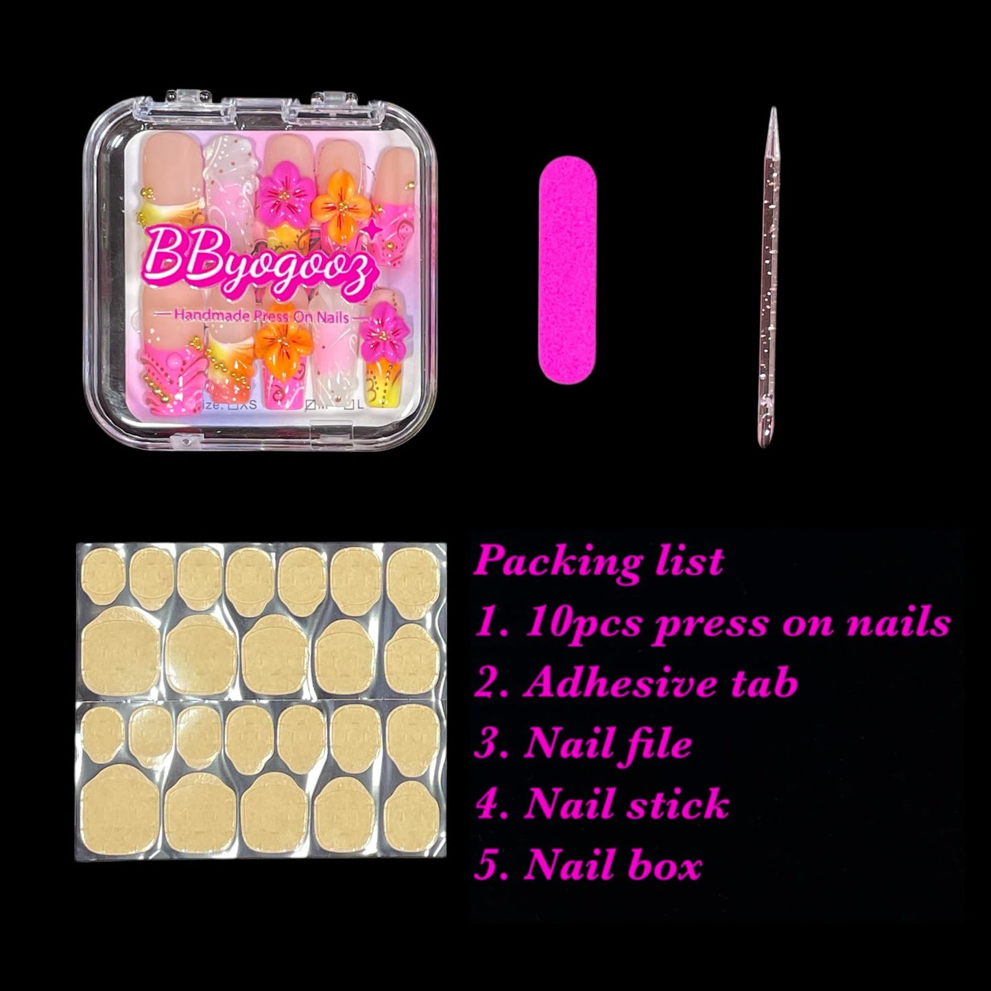 Handmade Press on Nails 3D Floral Medium/Long Square False Nails | Pink & Yellow Gradient | Bohemian Design| Reusable Acrylic Fake Nails (Sunburst, S)