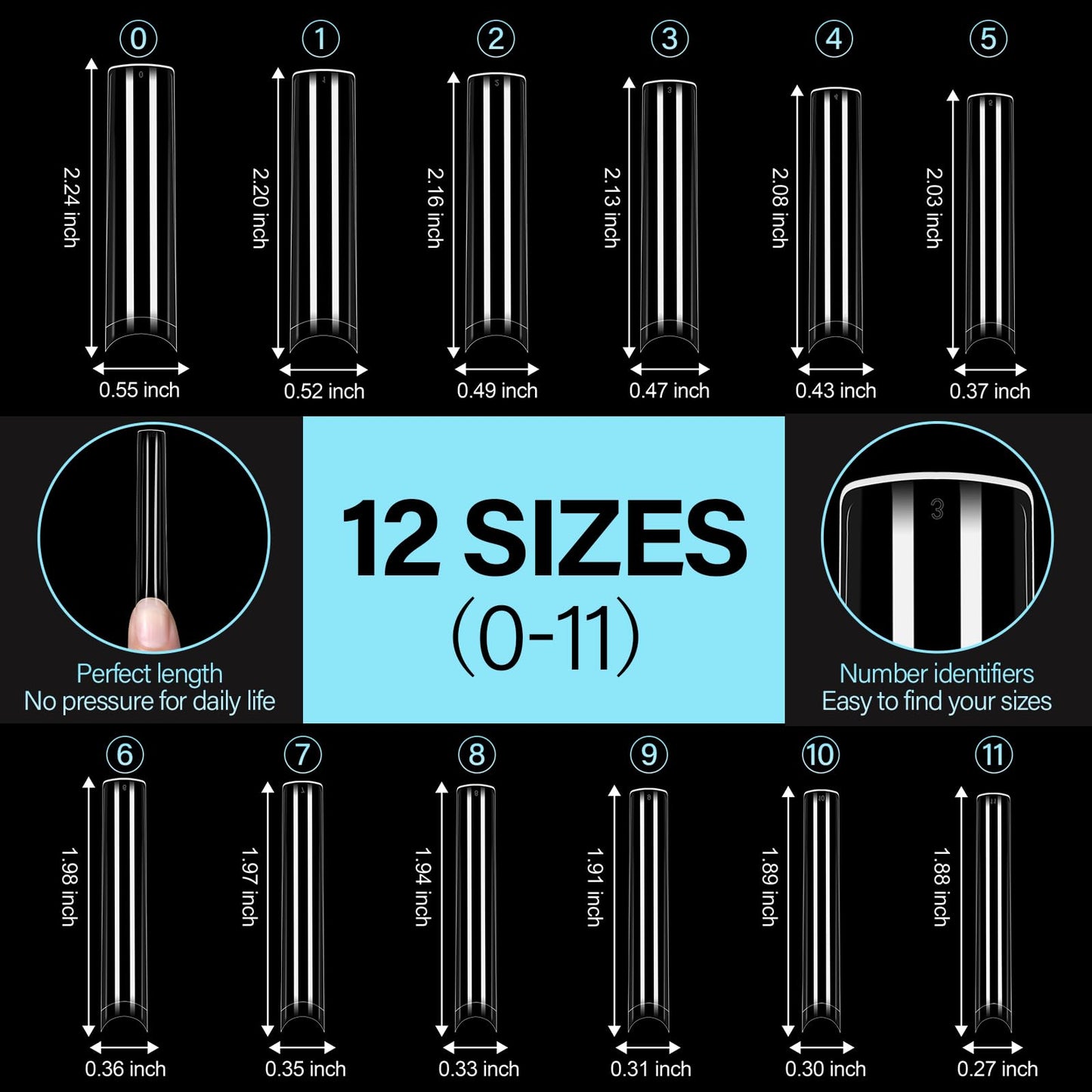 TOMICCA XXXL Square Nail Tips 240Pcs, 12 Sizes Extra Long Nail Tips for Gel Nails, Half Cover Straight Tapered Square French Nails for Nail Salons Home DIY