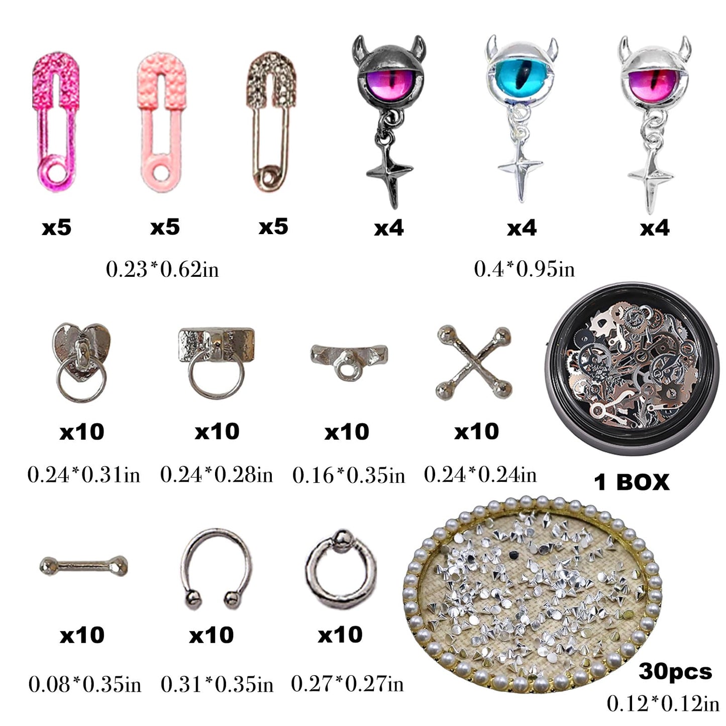 BBATT-HAPPY 197PCS Nail Charms for Acrylic Nails，Monster Eye Pill Puncture Dice Billiards Cone Pin Door Handle Mechanical Parts Nail Decorations ，Nail Accessories for Nail Art Supplies Manicure DIY