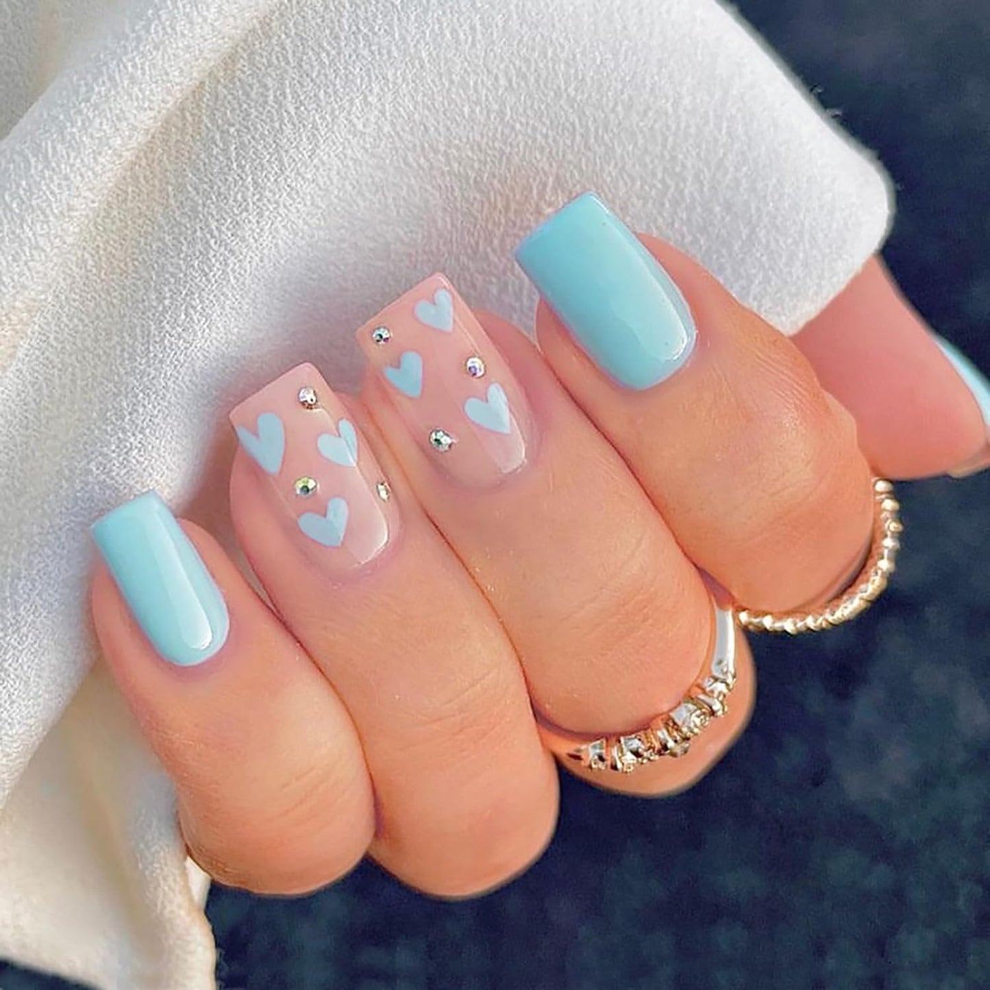 Vezocim Press on Nails Medium Blue Heart 24Pcs Glossy Full Cover Square False Nails with Rhinestone Designs Artificial Coffin Fake Nails with Glue Stick on Fingernails for Women