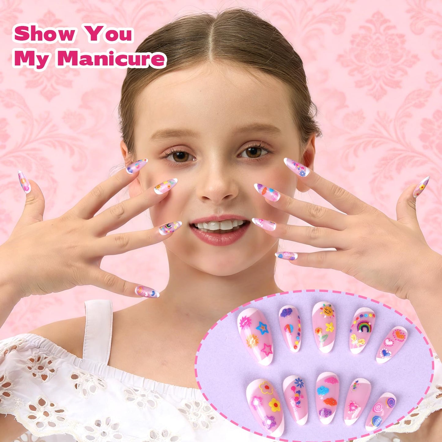 Teenitor 50 Sheets Nail Stickers for Kids, 3D Cute Girls Nail Art Stickers, Heart Flower Butterfly Bow Nail Decals for Nail Art, Fingernail Stickers for Women, Self Adhesive Nail Decorations in Summer