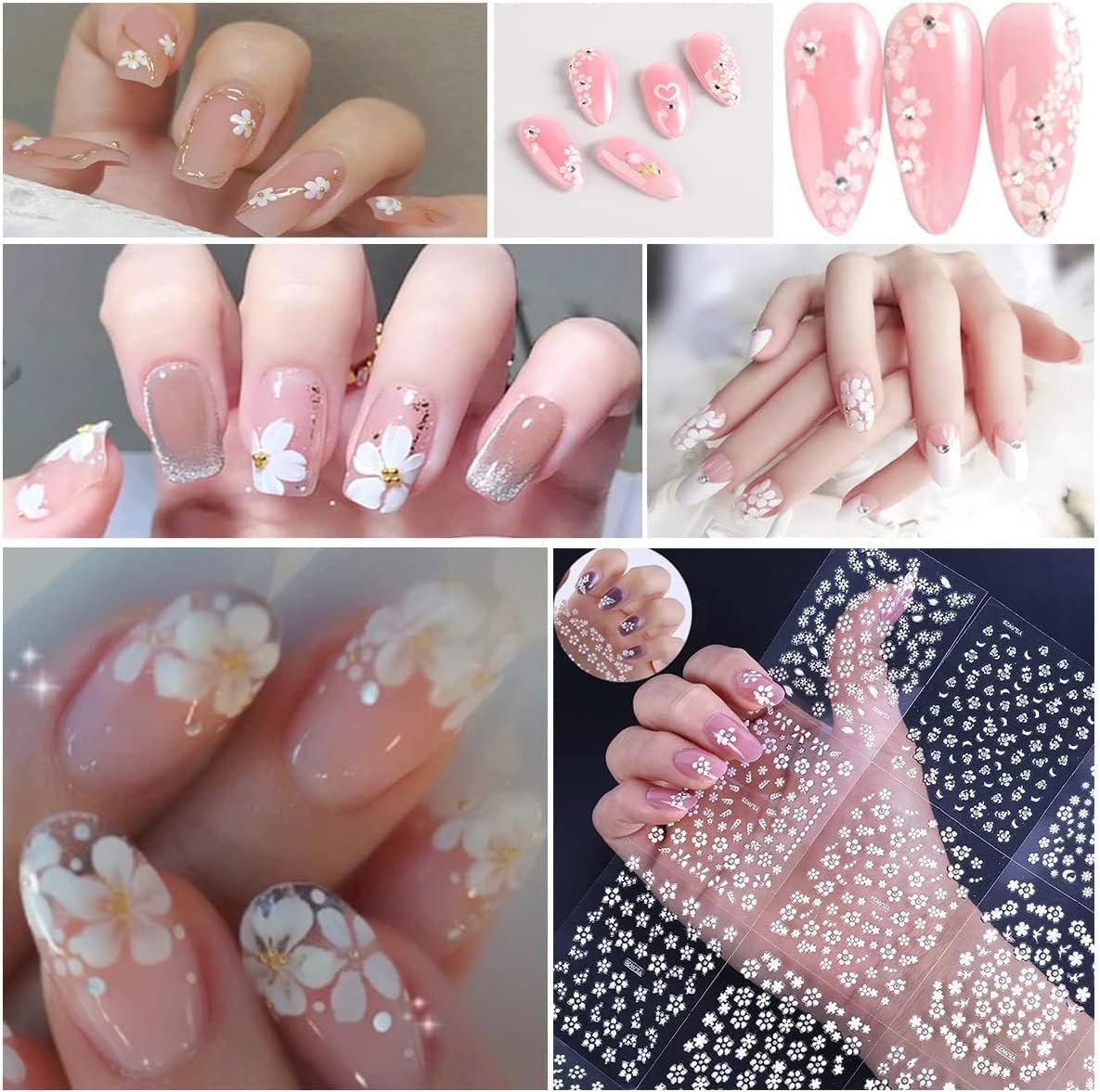 SPLOCUDU White Flower Nail Art Stickers White Flower with Rhinestones Nail Decals 3D Self Adhesive Nail Stickers Nail Art Designs Flowers Sticker for Nails Decorations 30 Sheets