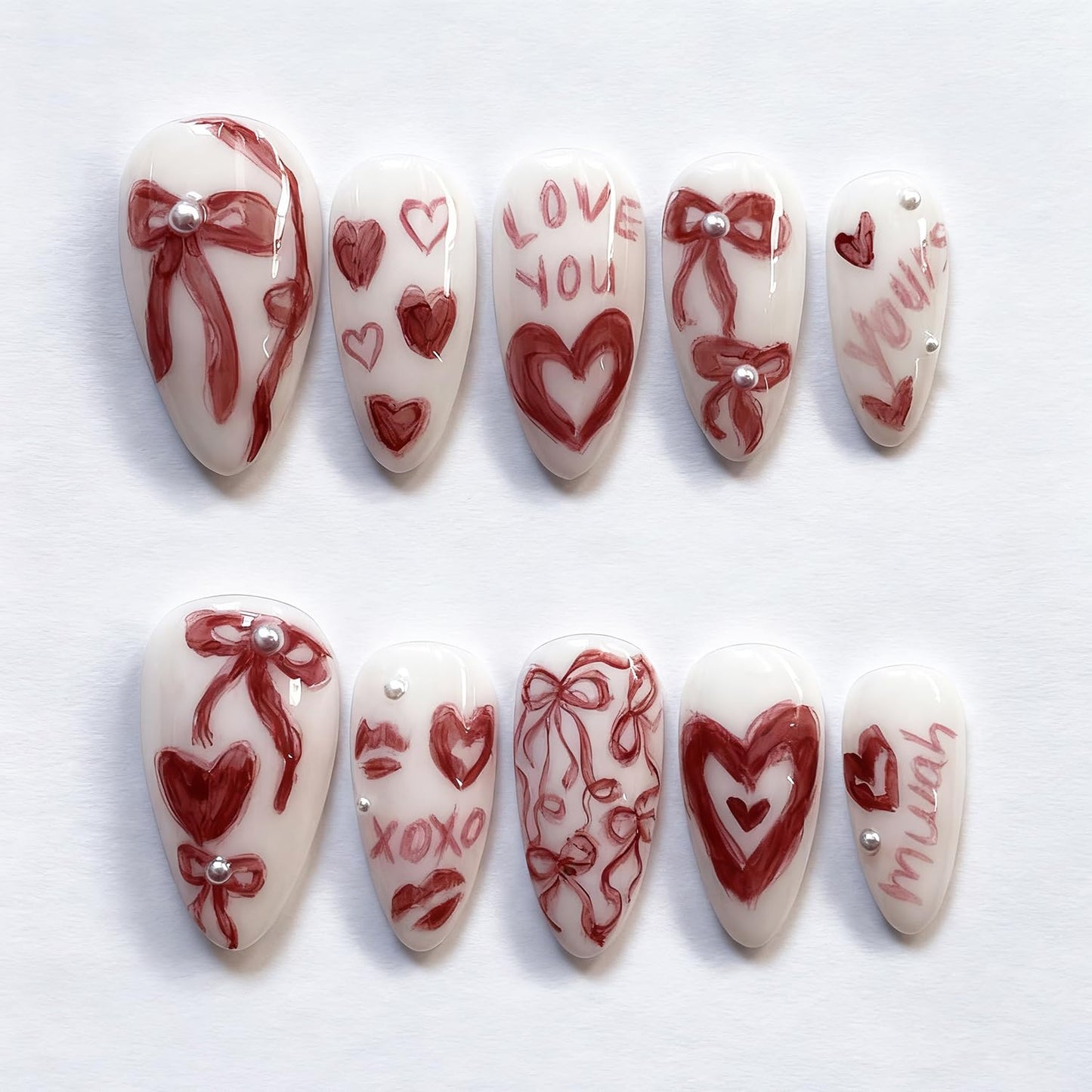24Pcs Valentines Press on Nails Medium Almond Fake Nails with Pearl Love Heart False Nails Romantic Bow Acrylic Nail Kit Valentine Red Lips Full Cover Stick on Nails for Women Nail Design Supplies