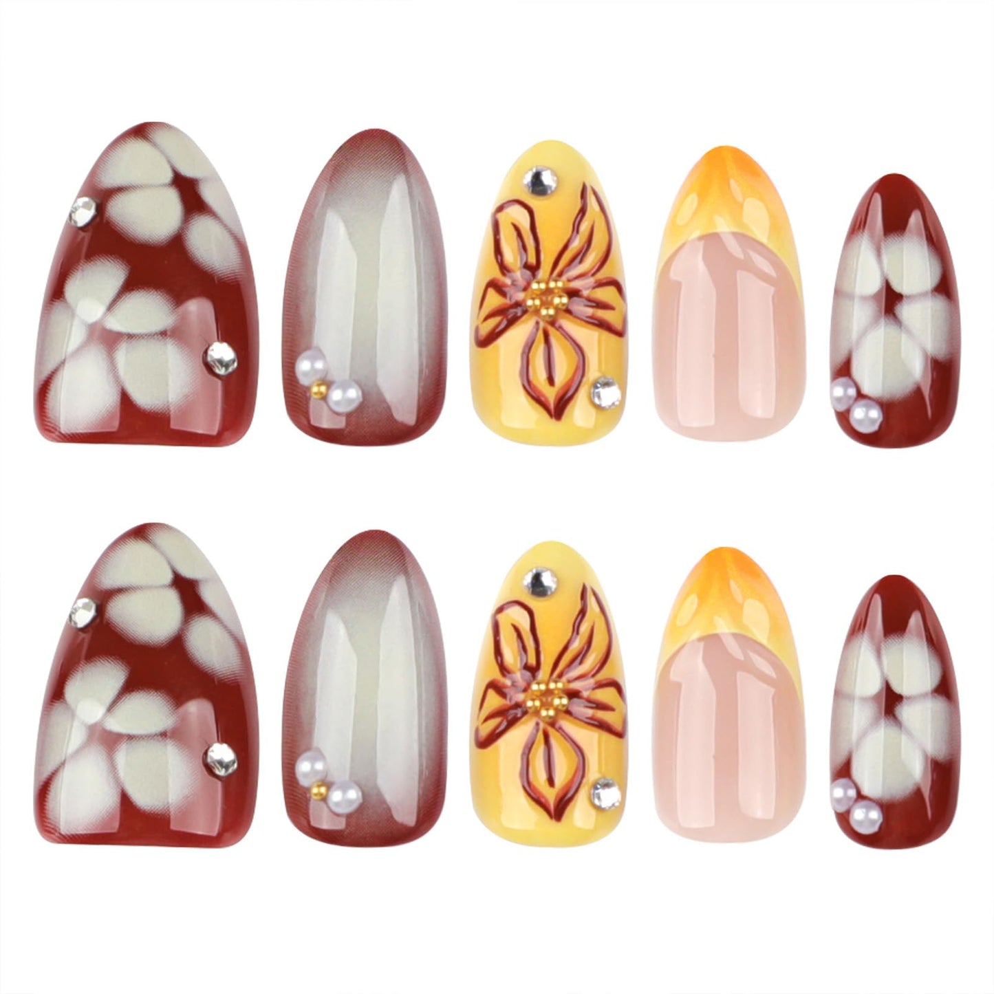 Mivota Yellow French Press On Nails Short Almond, Fall Fake Nails Adorned with Yellow and Burgundy Petal Accents, 3D Design, Glossy Gel Finish Acrylic Nails, Reusable Glue On Nails for Women, 24 Pcs