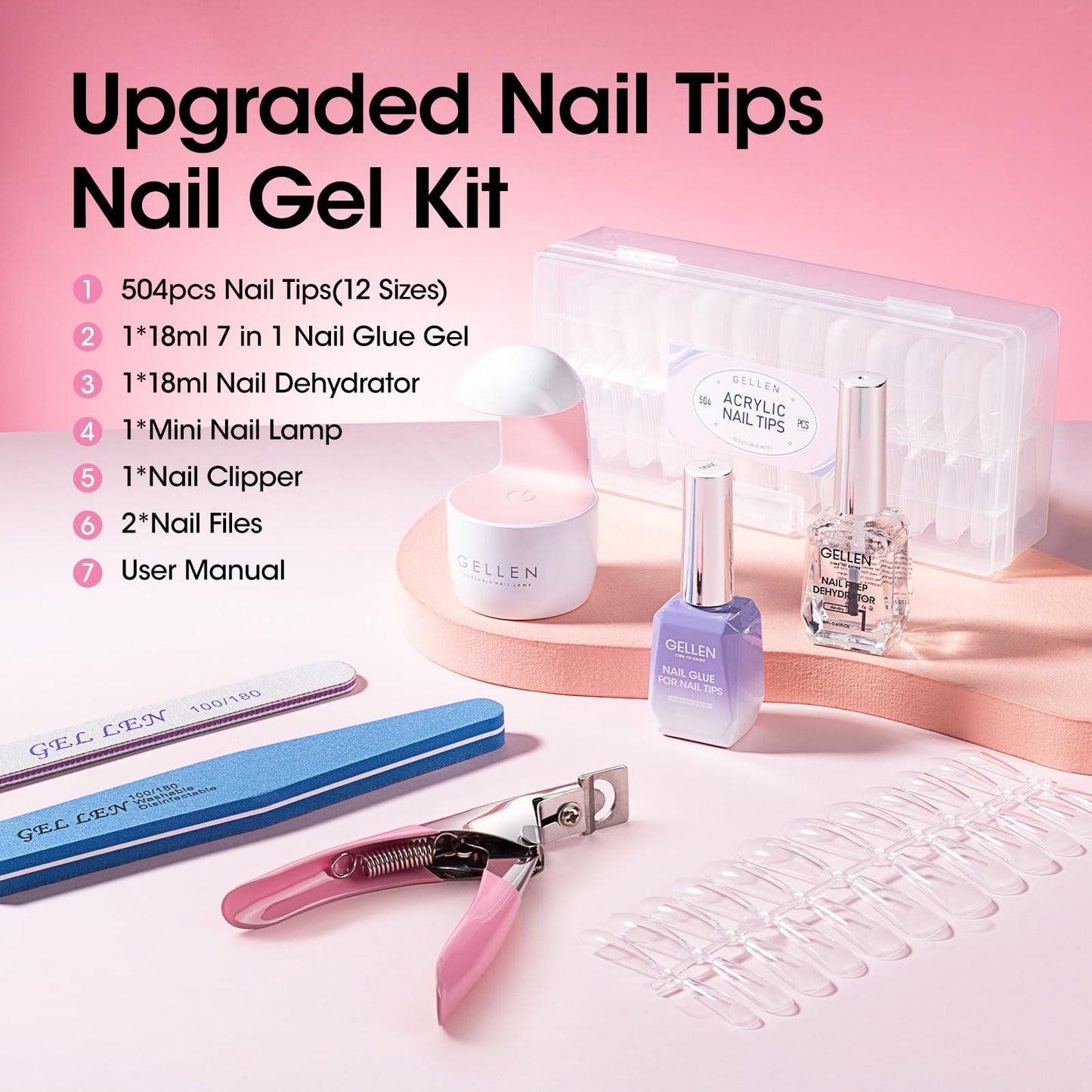 Gellen Nail Tips and Glue Gel Kit, 504Pcs Coffin Shape Half Matte Nail Tips, 7 in 1 Gel Nail Glue, Nail Dehydrator, Uv Led Lamp, Nail Clipper & Files, DIY Nails Art Manicure Gift