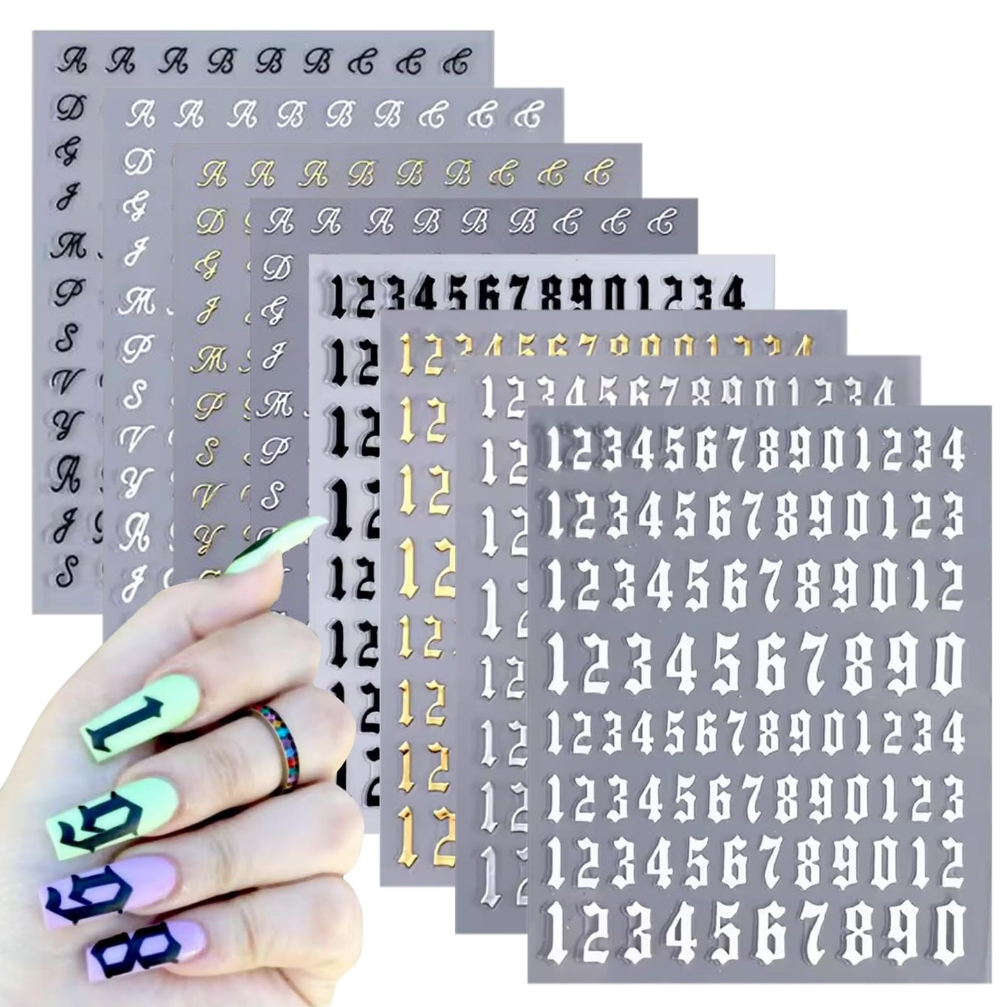 DANNEASY 8 Sheets Alphabet Number Nail Stickers 3D Self-Adhesive Old English Letters Nail Decals Black White Gold Sliver Nail Art Sticker Nail Initial Stickers for Women DIY Charms Decoration