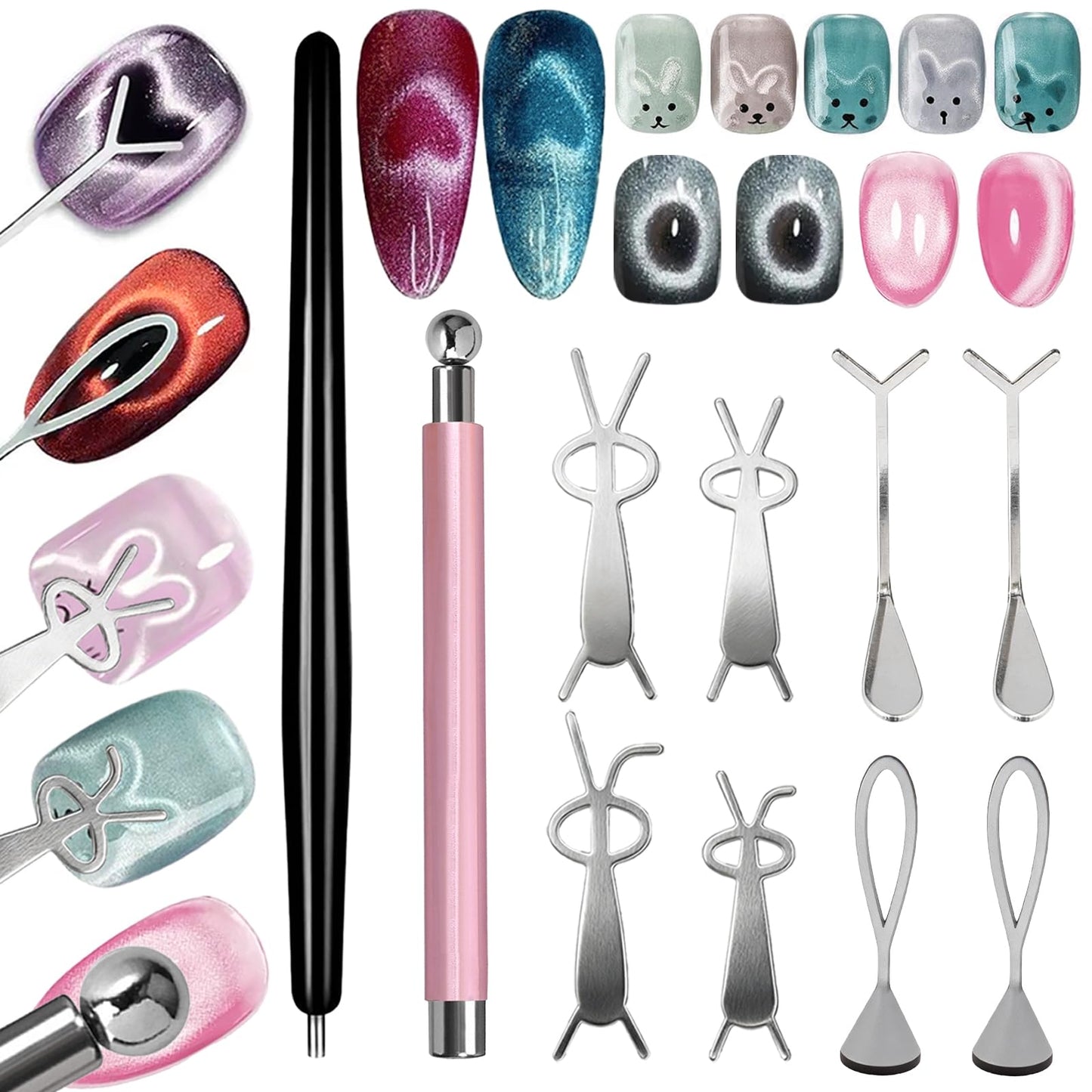 DANNEASY 12PCS Cat Eye Nail Magnet Set, Cat Eye Gel Nail Polsih Magnet Tool with Magnet Beads and Nail Magnets Guides,Flower Design Nail Magnetic Pen, Heart Cat Eye Magnet for Nail Art DIY (Pink)