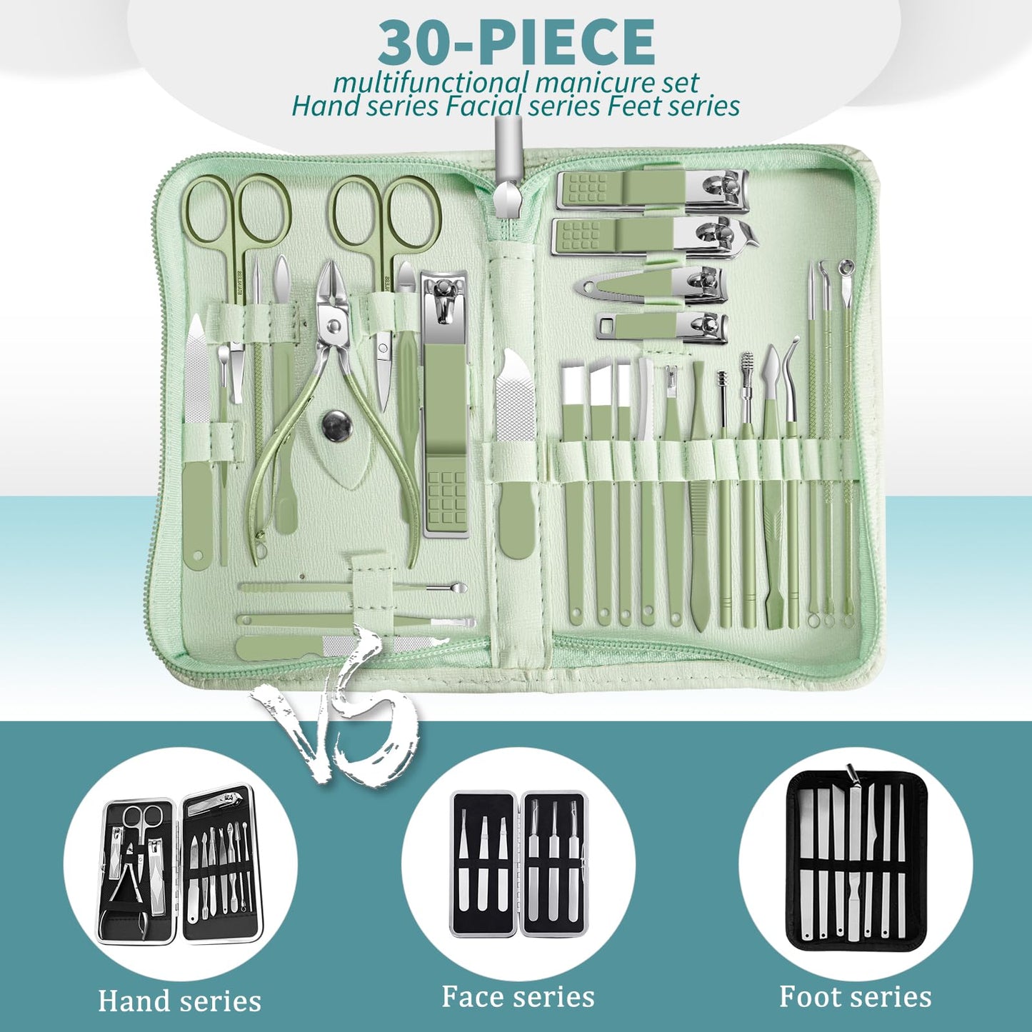30 in 1 Manicure kit Personal Care Men's Accessories, Professional Nail Kit Pedicure Kit, Toe Nail Clippers for Men and Beauty Tools Portable Set, Travel Deluxe Beauty Tools Convenience Set(Green)