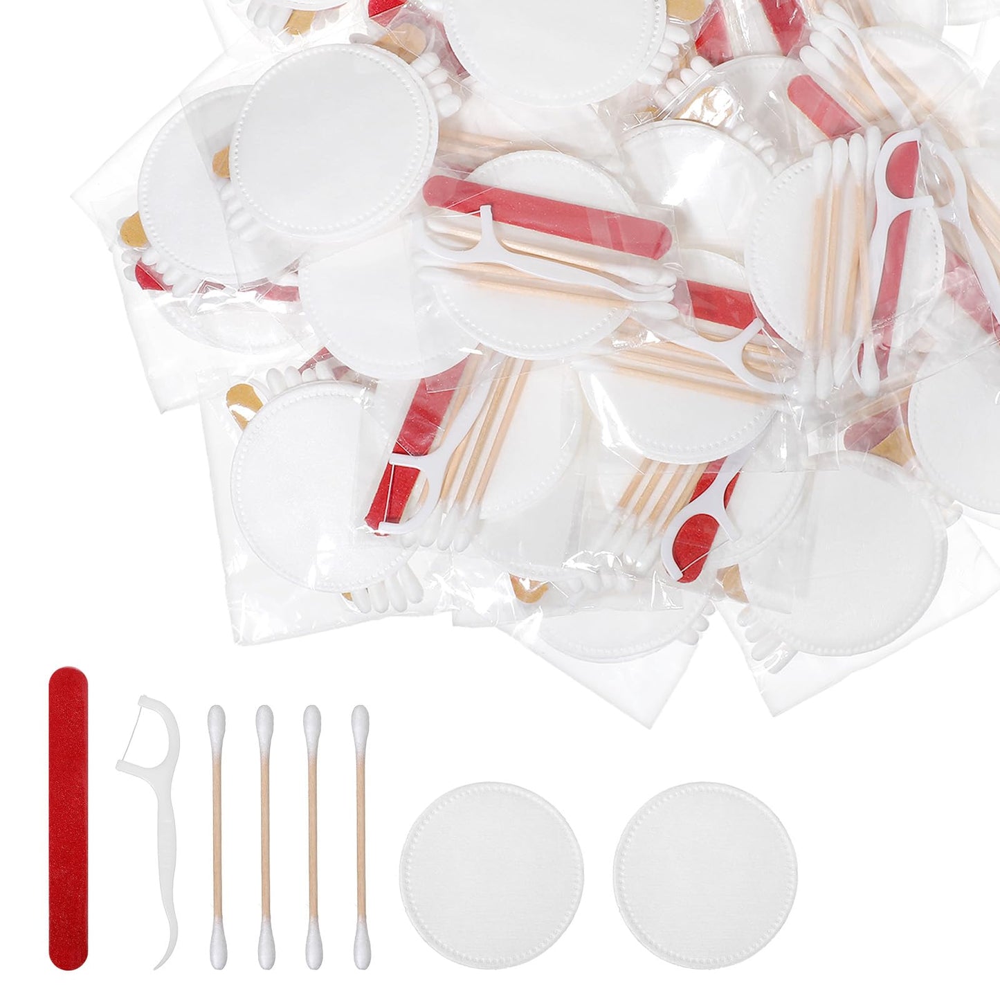 100 Pack Wedding Bathroom Basket Supplies Essentials for Guests - Travel Cleaning Kit for Hotels with Bamboo Cotton Swabs, Nail File, Makeup Pads, Dental Floss