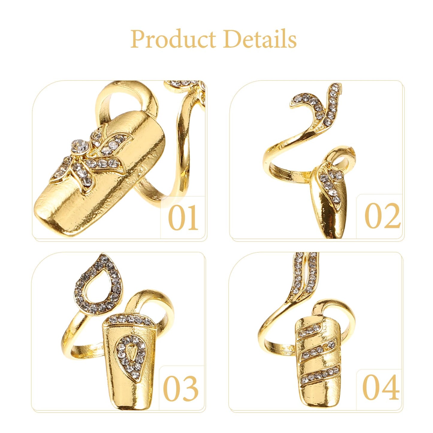 Lurrose Fingernail Rings for Women, Nail Cap Cover Ring Nail Rings Jewelry Fingertip Rhinestone Fingernail Ring Knuckle Nail Ring Decoration, 4pcs (Gold)