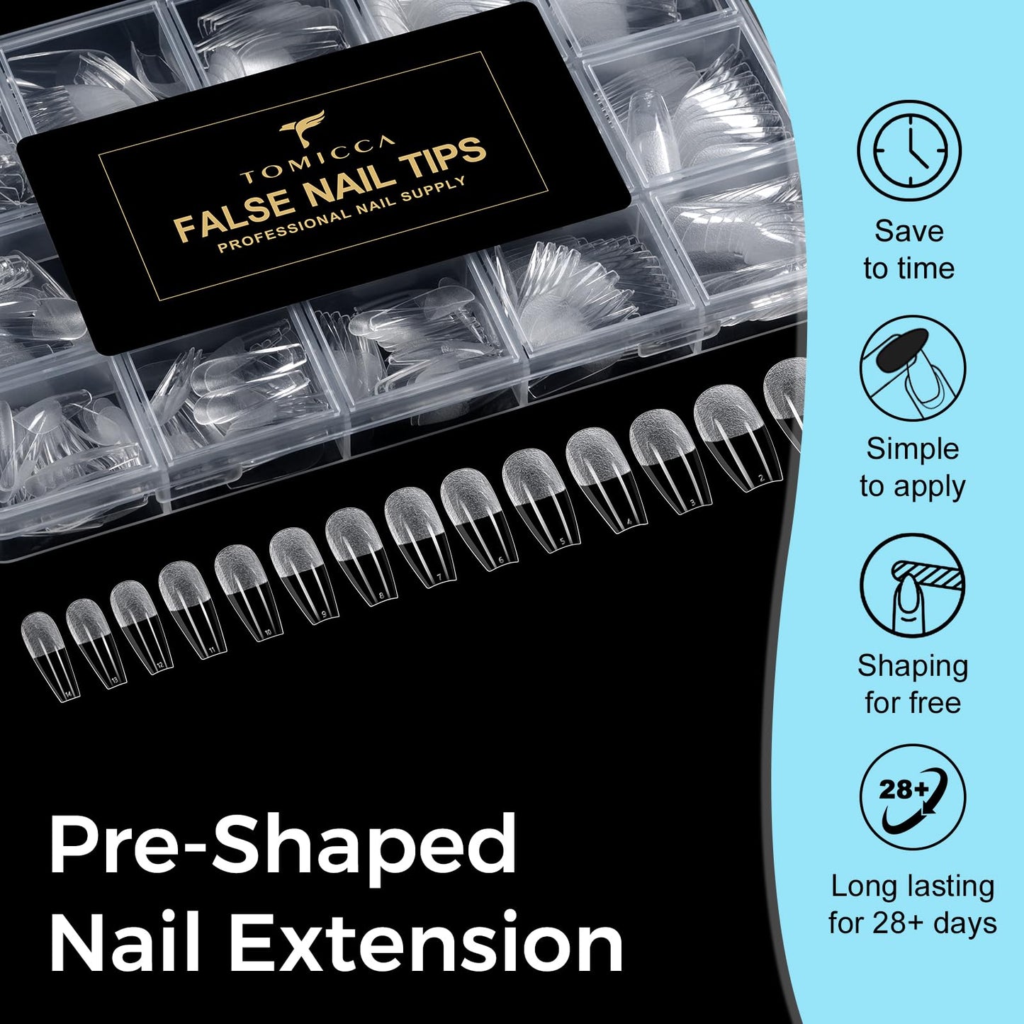 TOMICCA Medium Coffin Nails Tips, 240PCS 15 Sizes Pre-Shaped Ultra Half Matte Clear Full Cover Clear Acrylic Nails for DIY Salon, Gel Nail Extension Tips for Beginners & Nail Techs