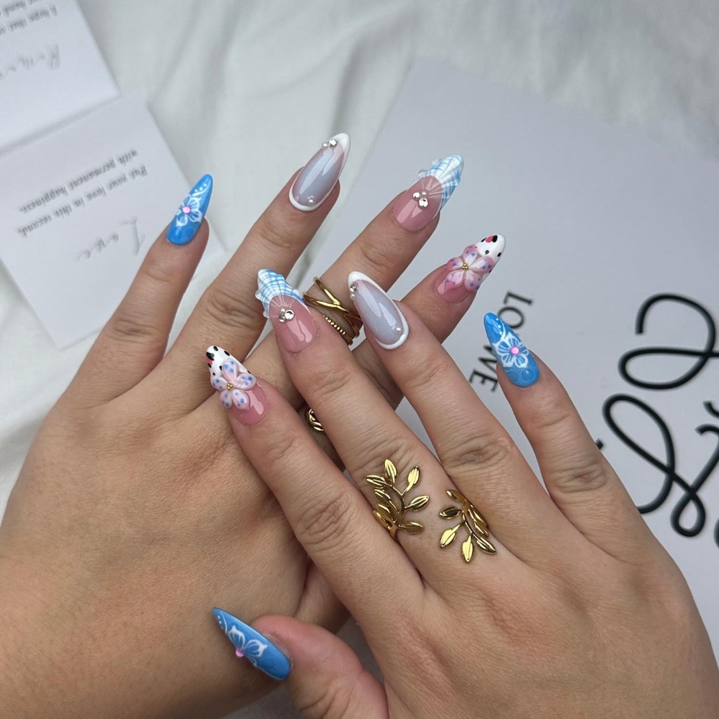 10PCS Handmade Press on Nails Medium Length Almond Fake Nails Full Cover Blue with Pearl Rhinestones designs Gel Stick on Nails French Tip Unique 3d Flower False Nails (S Size)