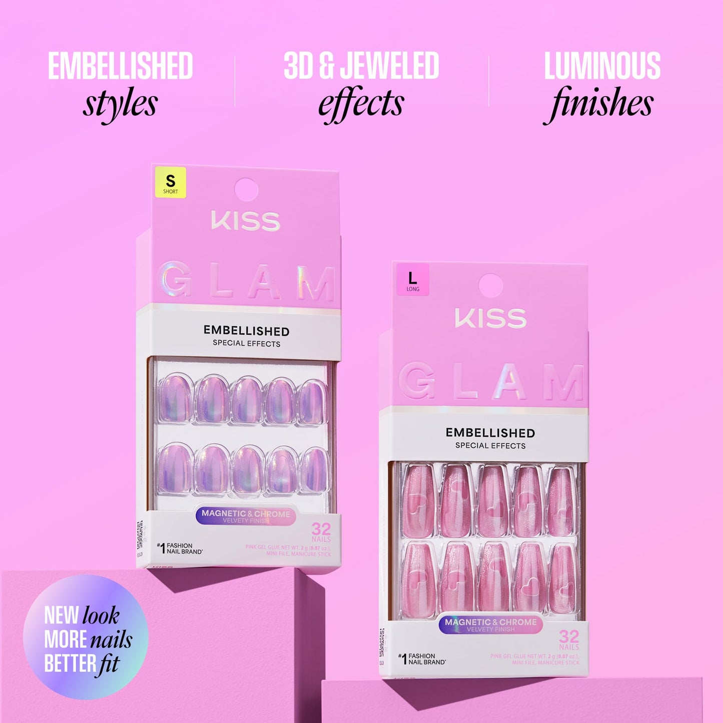 Kiss Glam, Press On Nails, Nail glue included, 'Day n Night', Beige, Long Size, Almond Shape, Includes 32 Nails, 2g Glue, 1 Manicure Stick, 1 Mini File (Pack of 2)