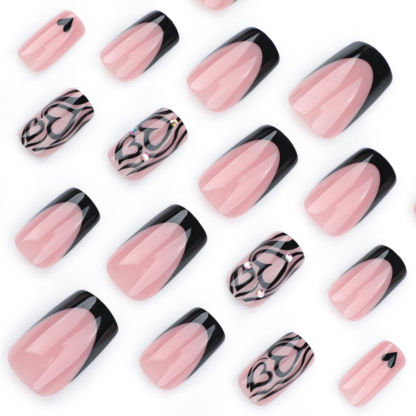 CTTHNBD Medium Press on Nails Square - Black French Tip Fake Nails with Heart Stripes Design - Rhinestone, Stick on False Nails - for Women 24 Pcs