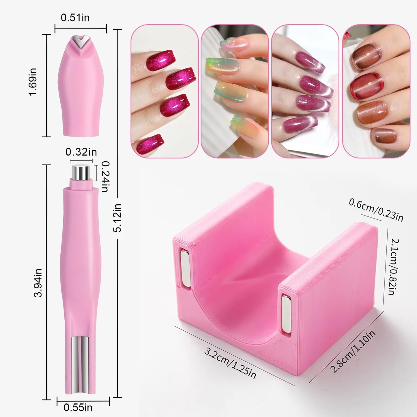 YECIRALA 2 Pcs Nail Art Cat Eye Magnets For Nails, 3 In 1 Pink Nail Magnet Pen And 5D Automatic Strong Magnet Tool For Cat Eye Designs Magnets, Heart, Lines & Wide Light Gel Nail Polish Magnet