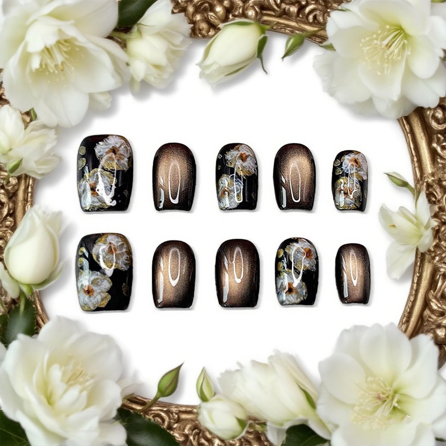 Handmade Press on Nails Short Square Fake Nails Press Ons Gold Brown Glitter Luxury Flower Full Cover Stick on Nails Glue on Nails for Women Girls Manicure (Floral Glitter M)