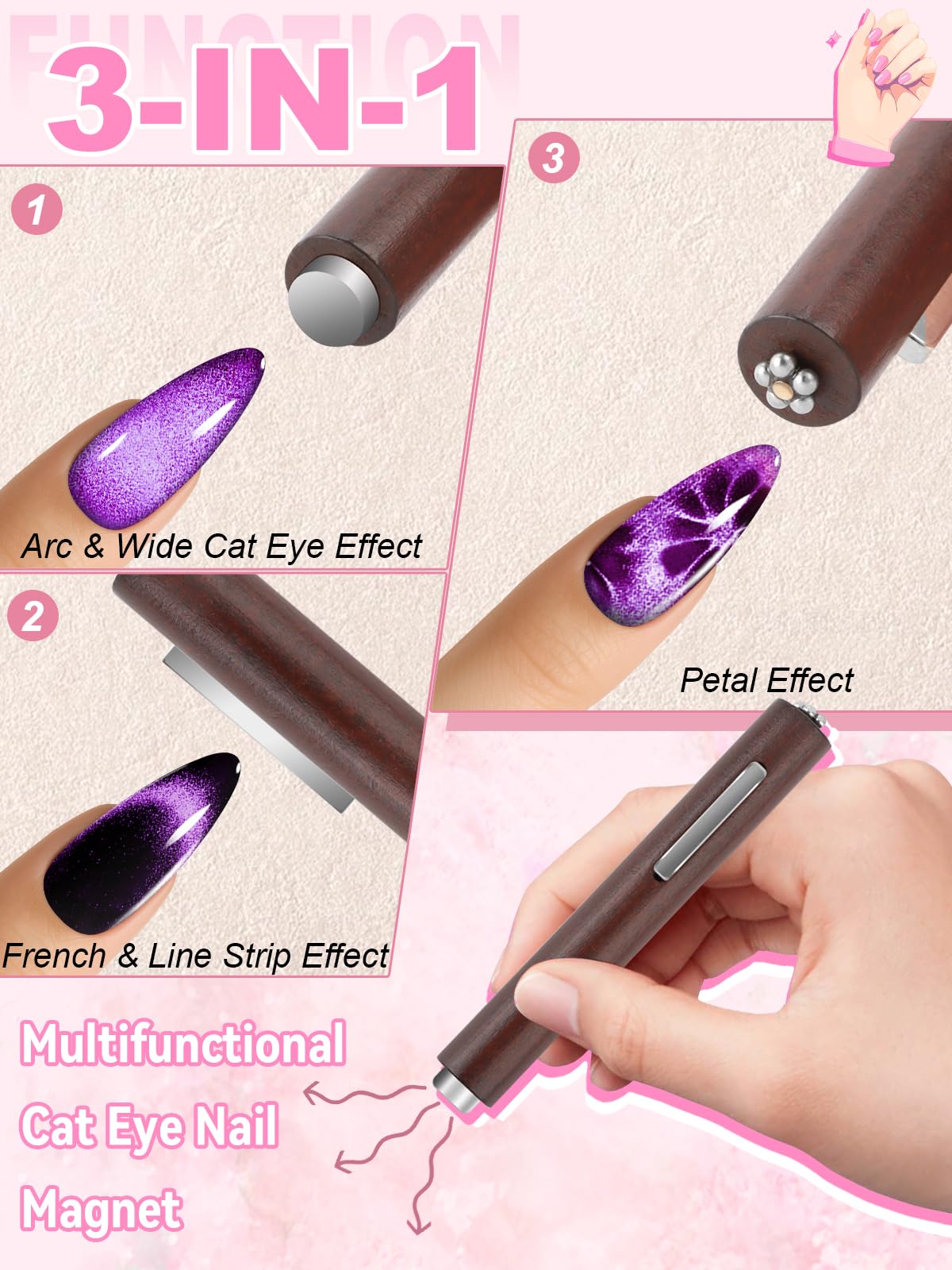 TOROKOM 54PCS Cat Eye Gel Magnet Set for Nail, 3-in-1 Multi-Function Cat Eye Gel Nail Polish Magnet Tools Multiple Style Nail Magnets Heart Beads Nail Art Tools for Nail Art Designs