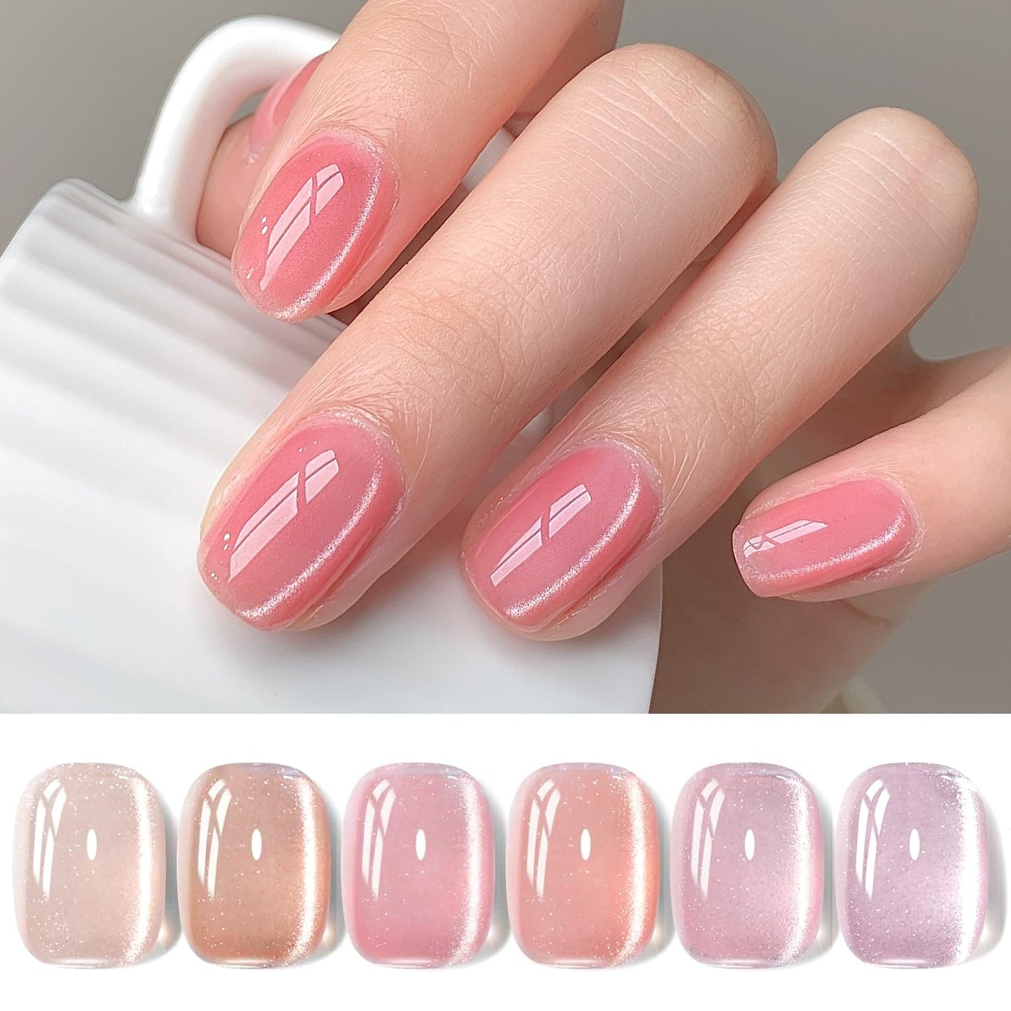 SHOYUM Jelly Pink Silver Cat Eye Gel Nail Polish Set 6 Colors with Magnet for Holographic Glitter Cat Eye, Salon Gel Manicure and Nail Art DIY at Home