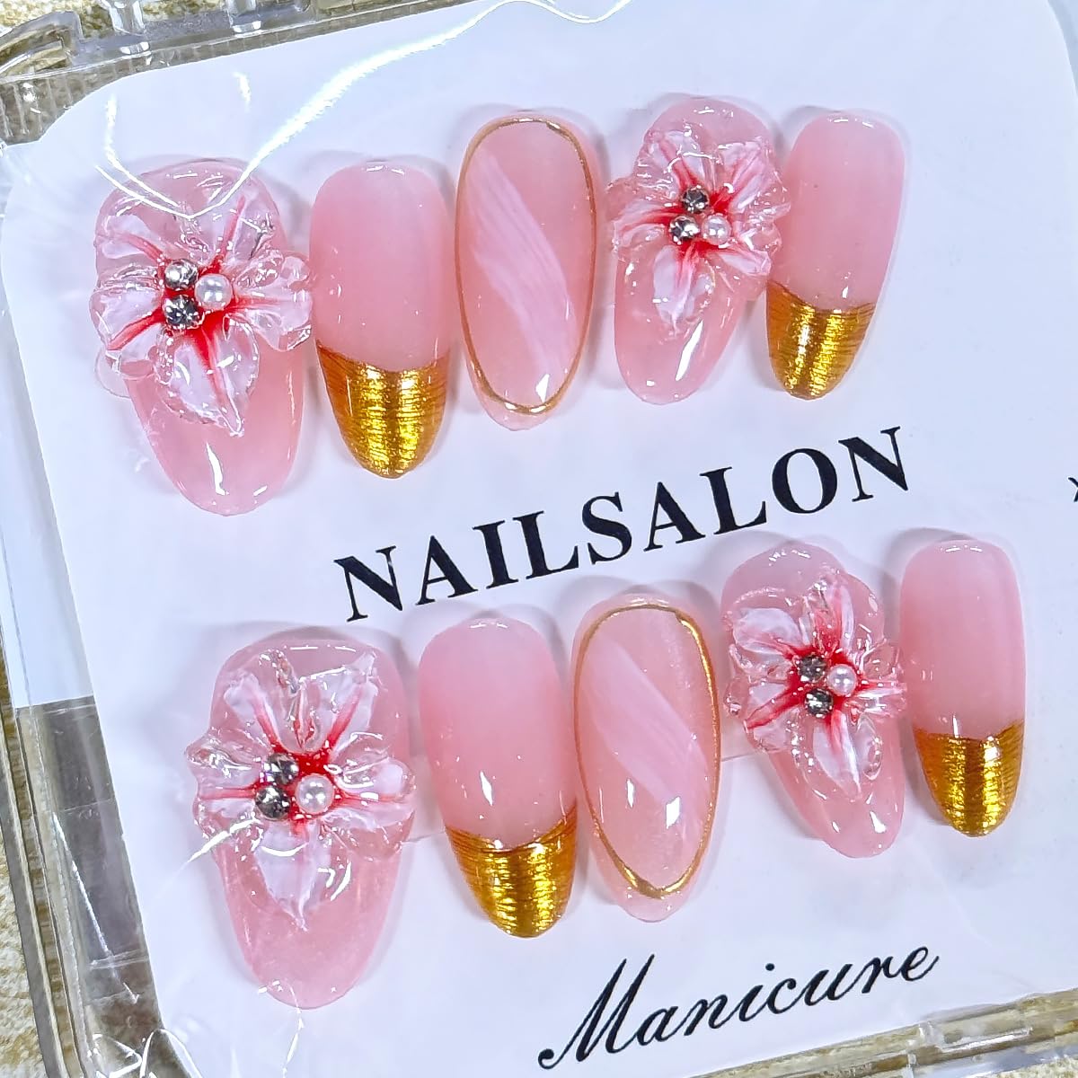 WBRRFJJ Handmade Gold French Tip Almond Press-on False Nails, 24pcs Set with 3D Flower Design, Silver Rhinestones, Full Cover, Glue on Nails for Women DIY Manicure